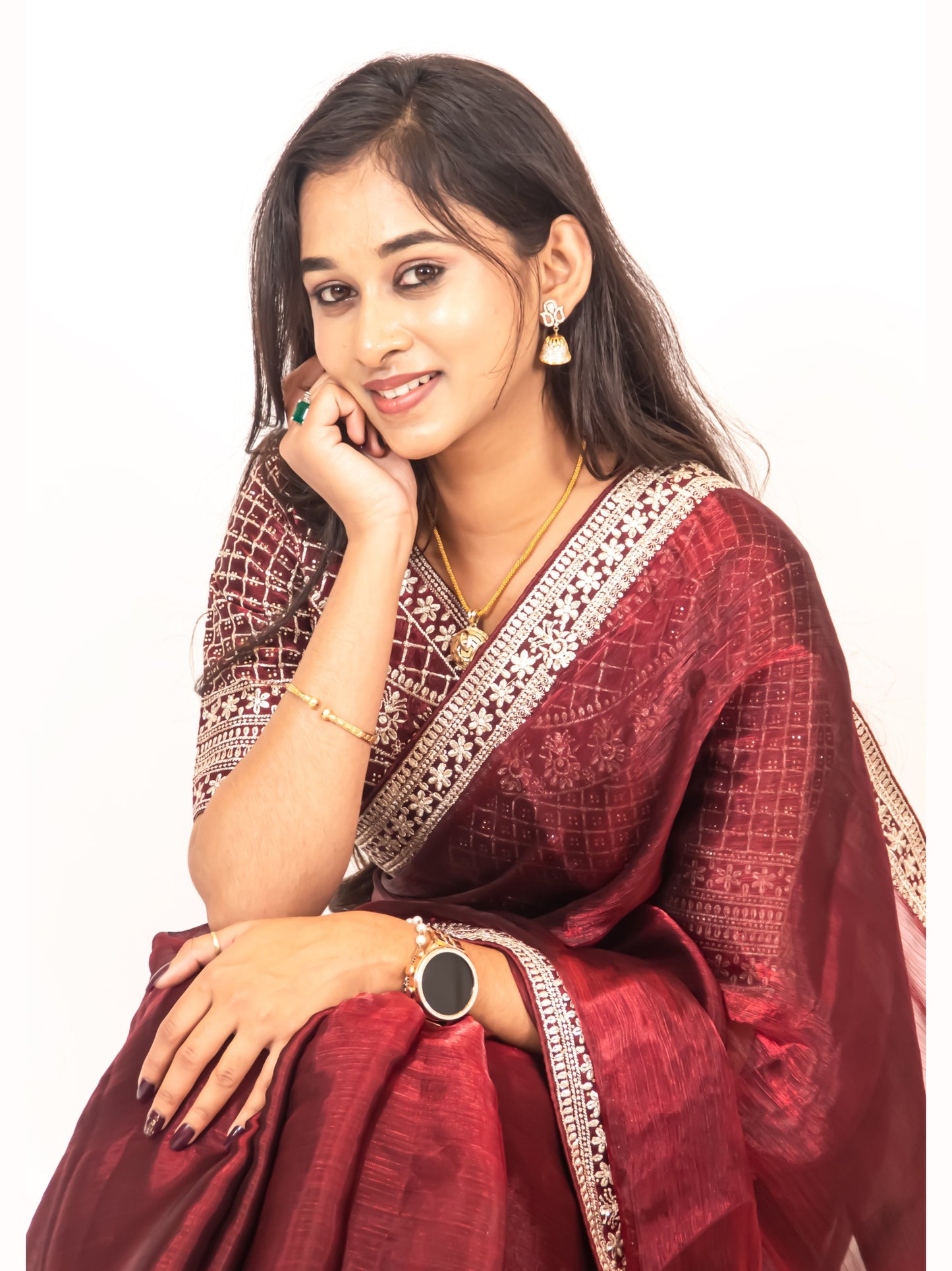 Classic Maroon Chinon Chiffon Saree with Premium Heavy Blouse