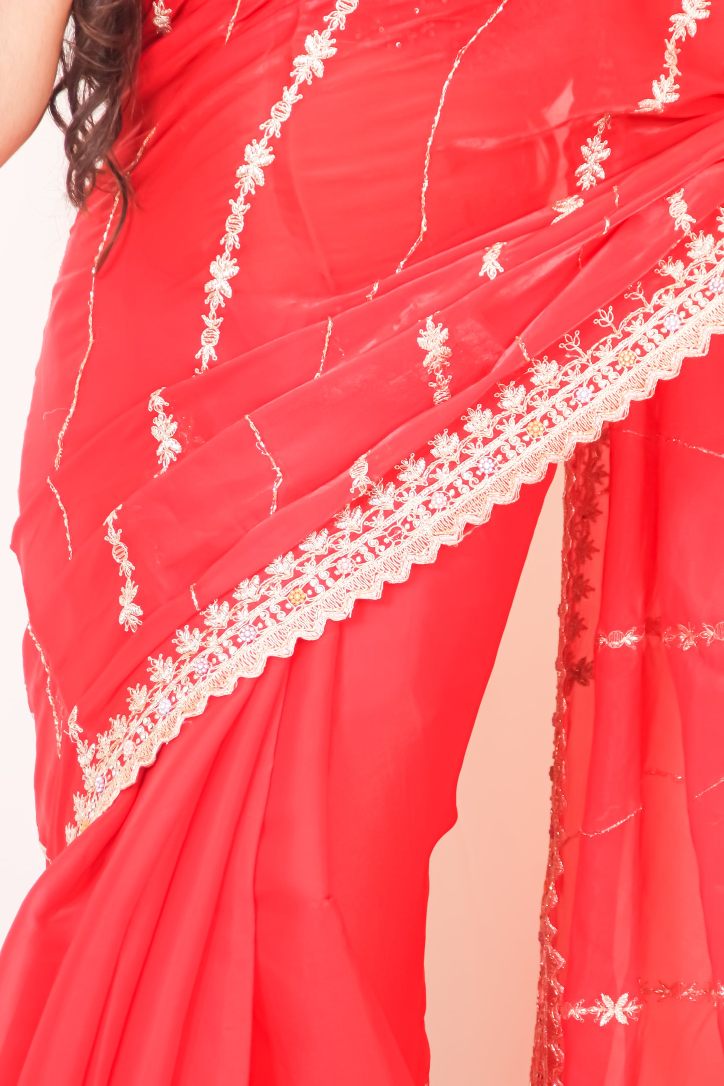 Deep Red Organza Saree with Golden Zari & Stone Work, Baby Pink Blouse