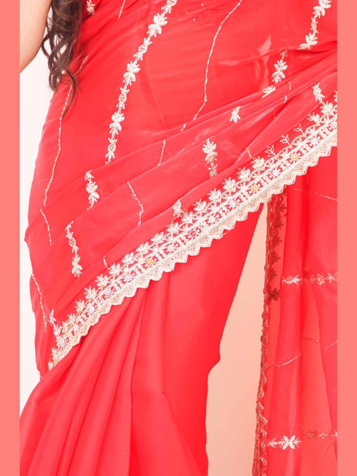 Deep Red Organza Saree with Golden Zari & Stone Work, Baby Pink Blouse