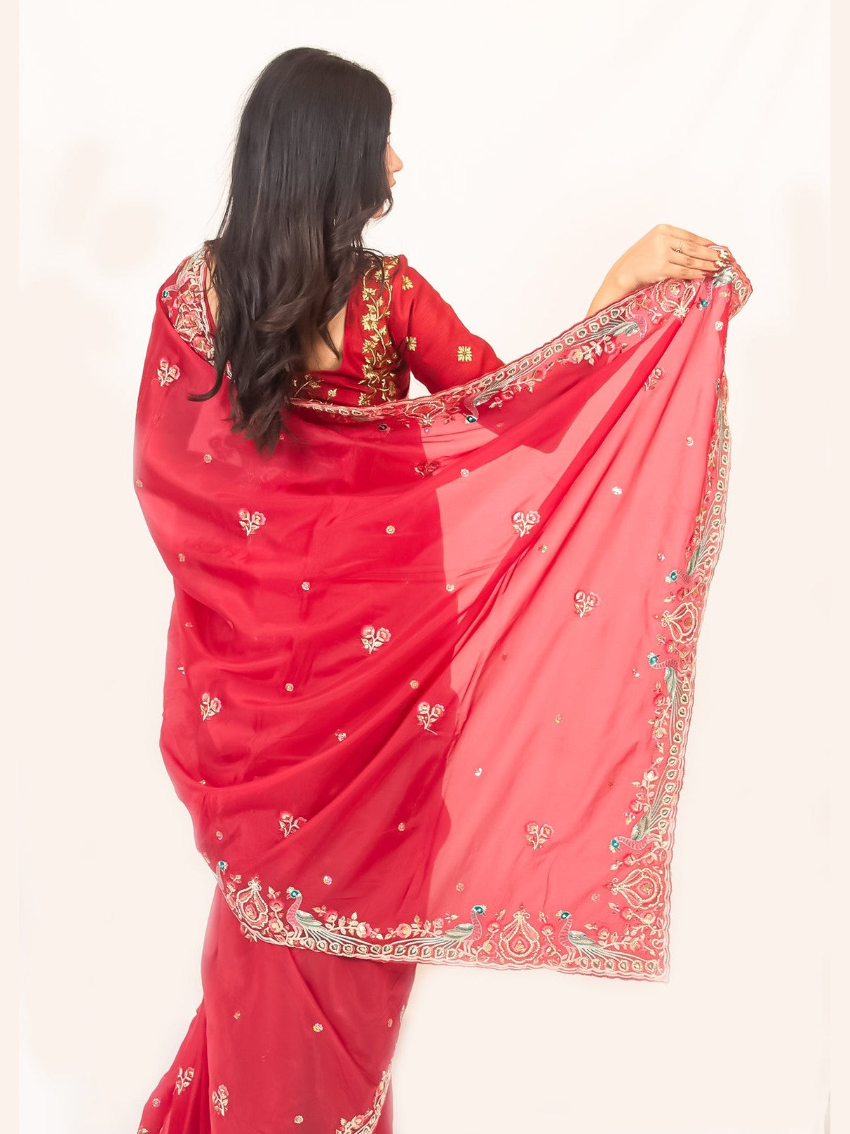 Radiant Red Organza Saree with Beautiful Thread & Zarkan Embroidery
