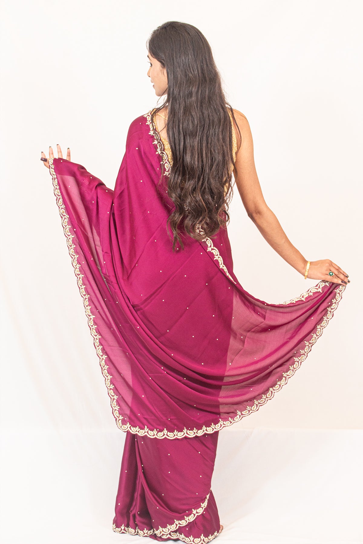 Elegance in Vine: Satin Crepe Saree with Exquisite Stonework Cutborder