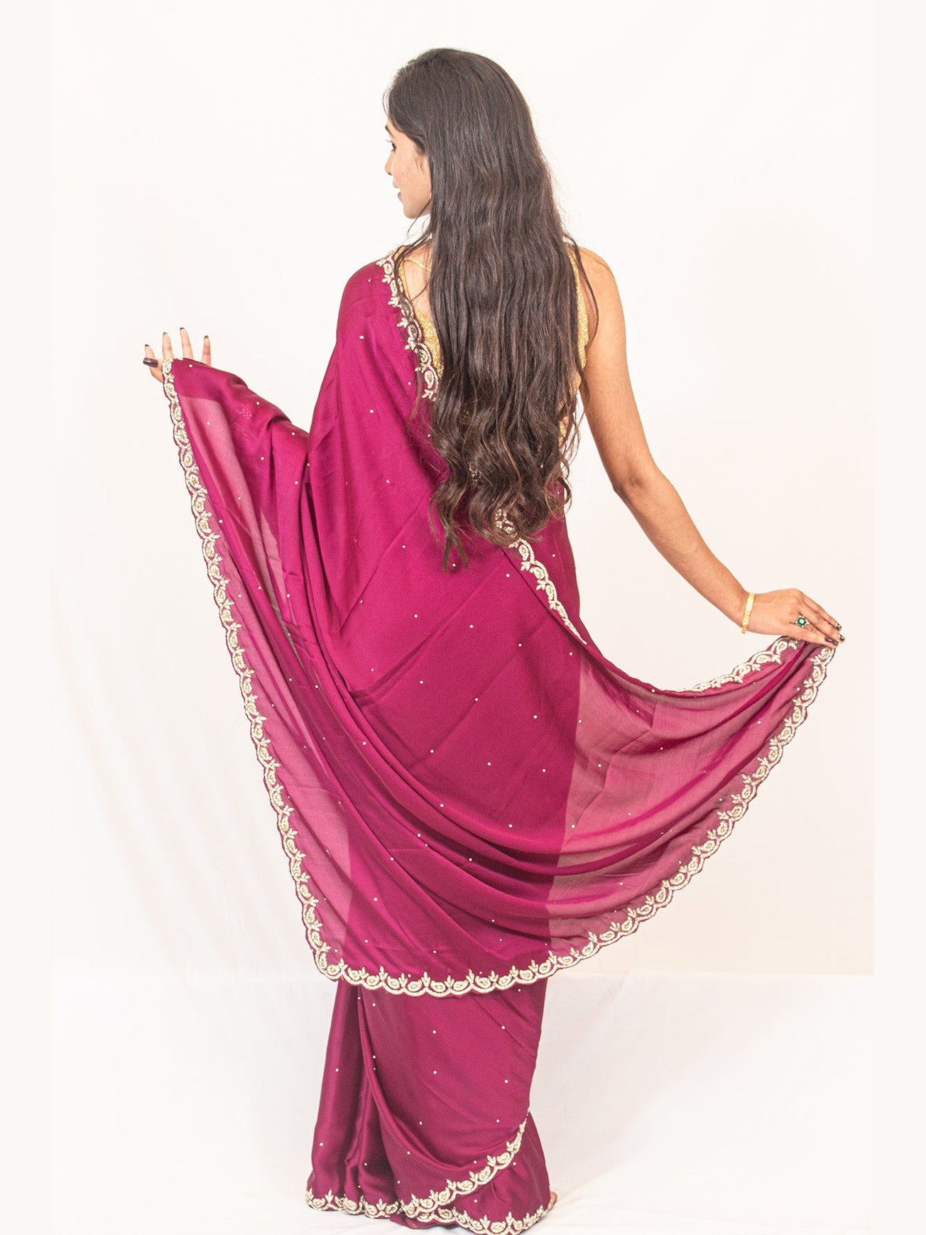 Elegance in Vine: Satin Crepe Saree with Exquisite Stonework Cutborder