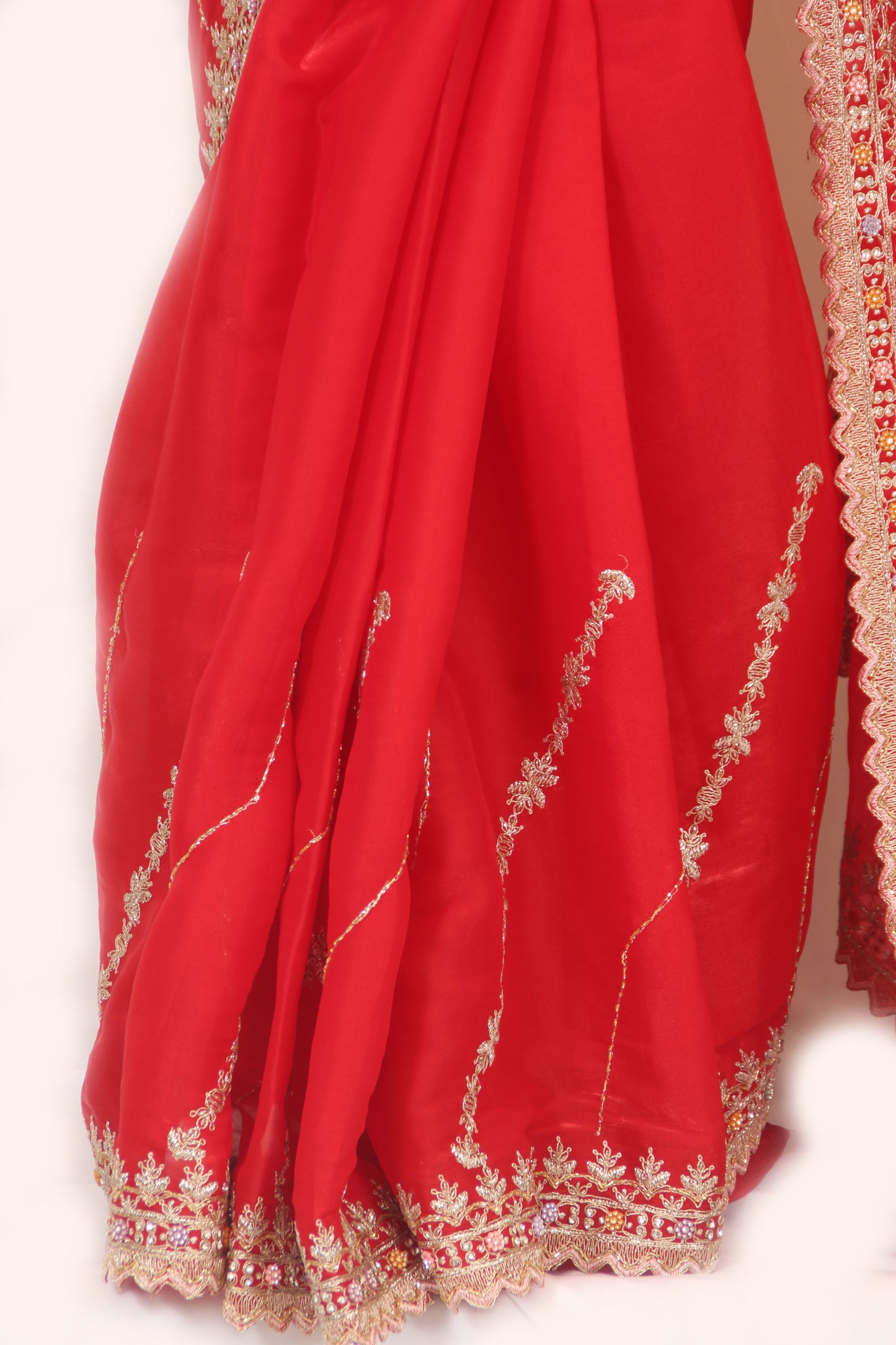 Deep Red Organza Saree with Golden Zari & Stone Work, Baby Pink Blouse
