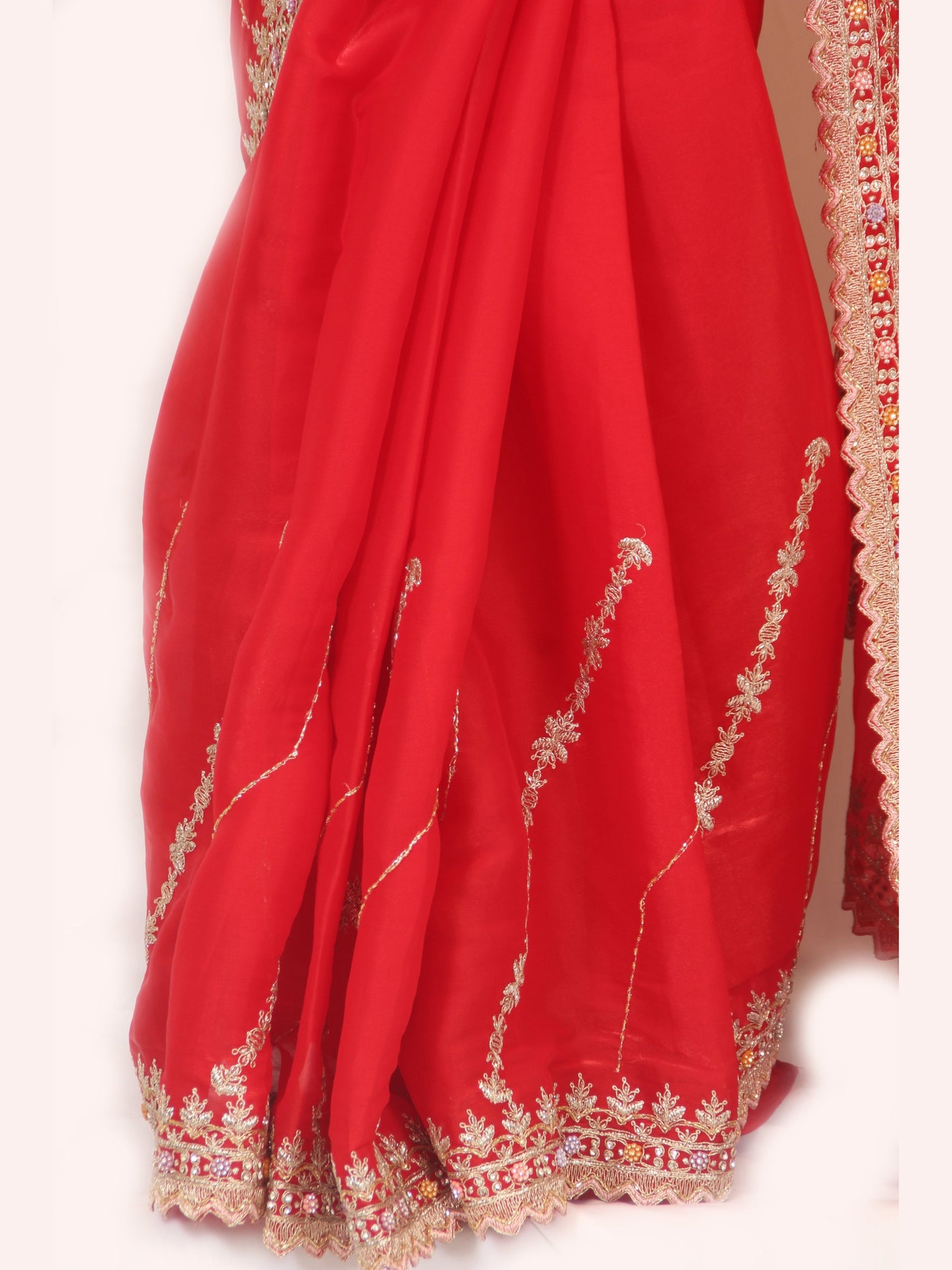 Deep Red Organza Saree with Golden Zari & Stone Work, Baby Pink Blouse