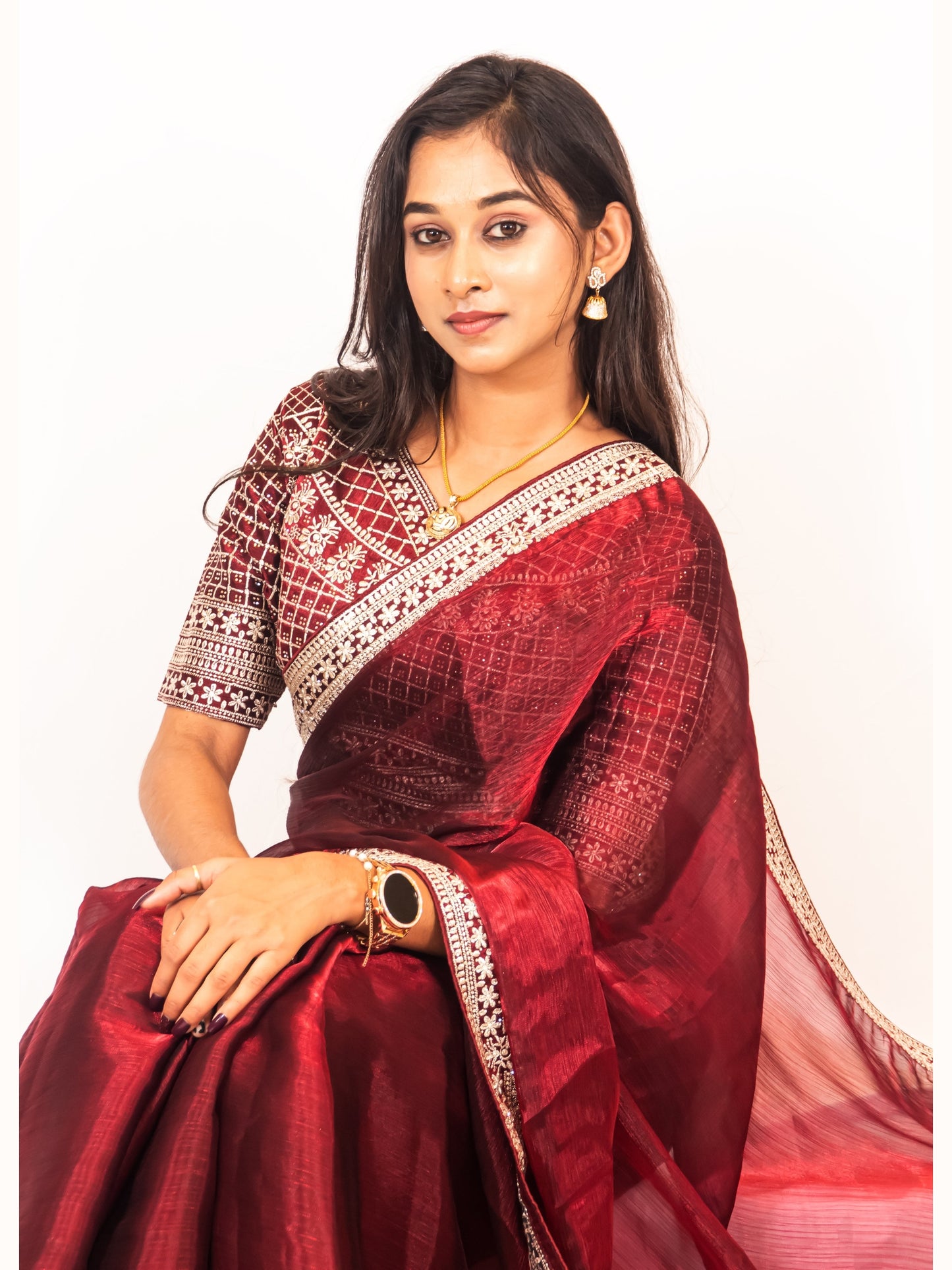 Classic Maroon Chinon Chiffon Saree with Premium Heavy Blouse