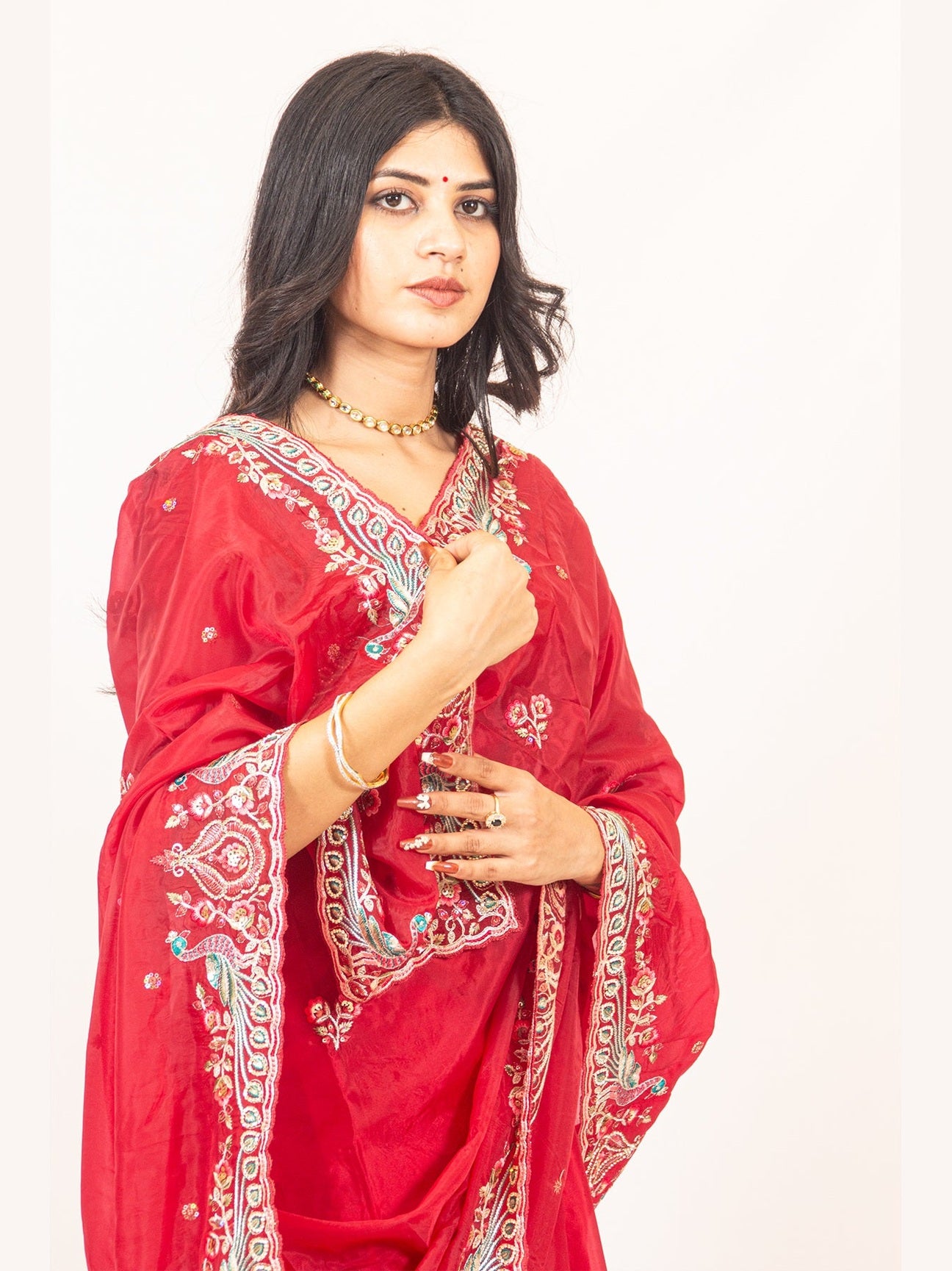 Radiant Red Organza Saree with Beautiful Thread & Zarkan Embroidery