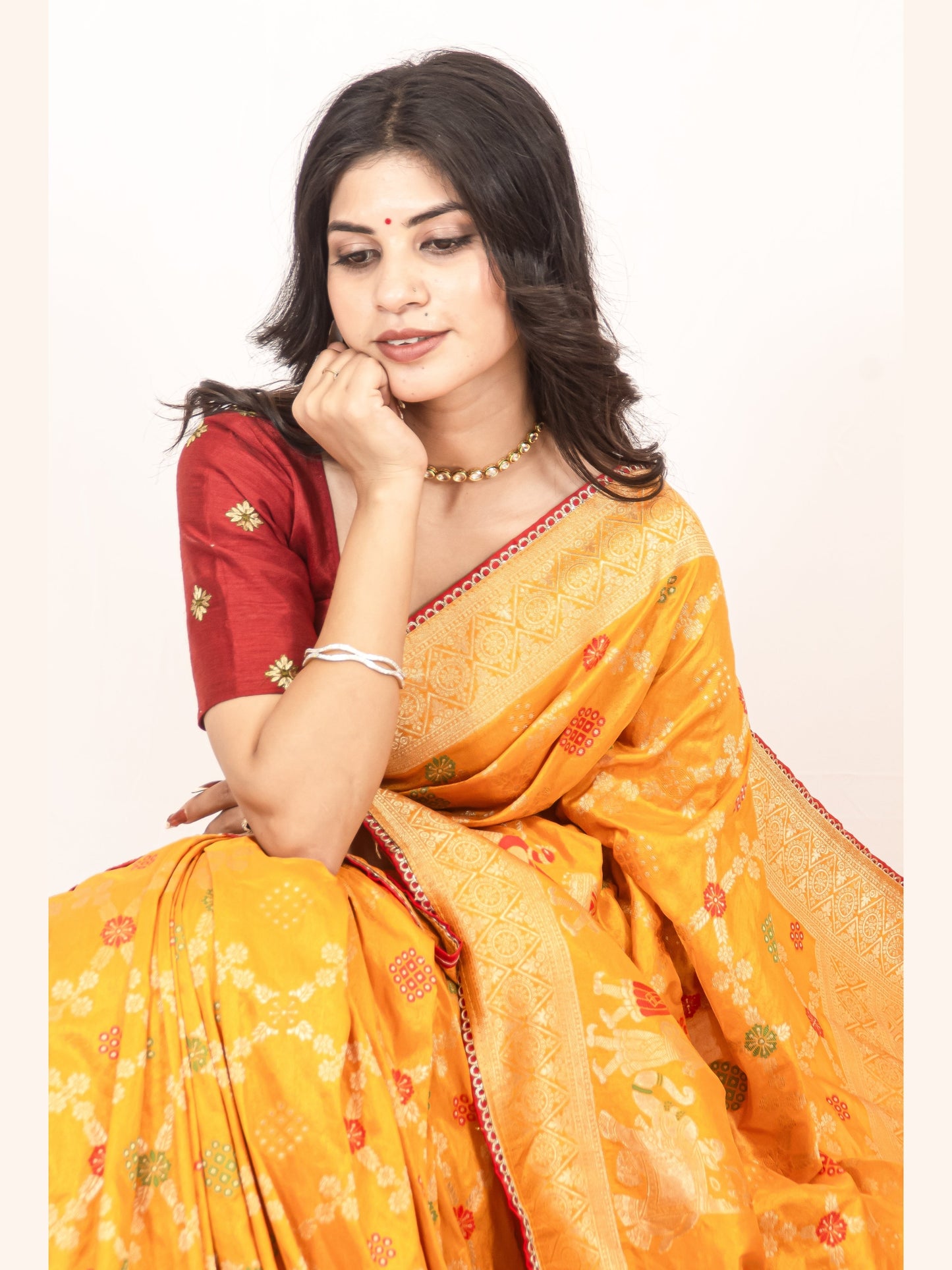 Traditional Dola Silk Mustard Yellow Ghatchola Saree with Rich Detailing