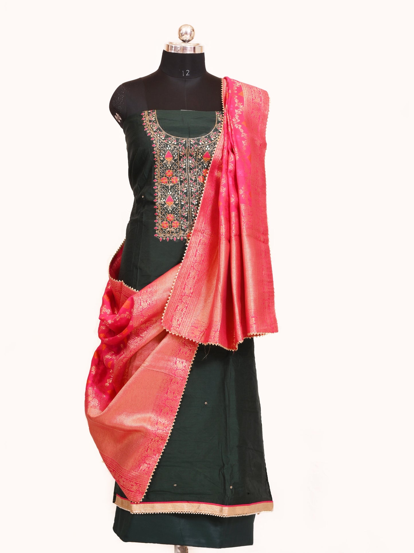 Premium Dark Green Glace Cotton Salwar Fabric with Cut Dana Work