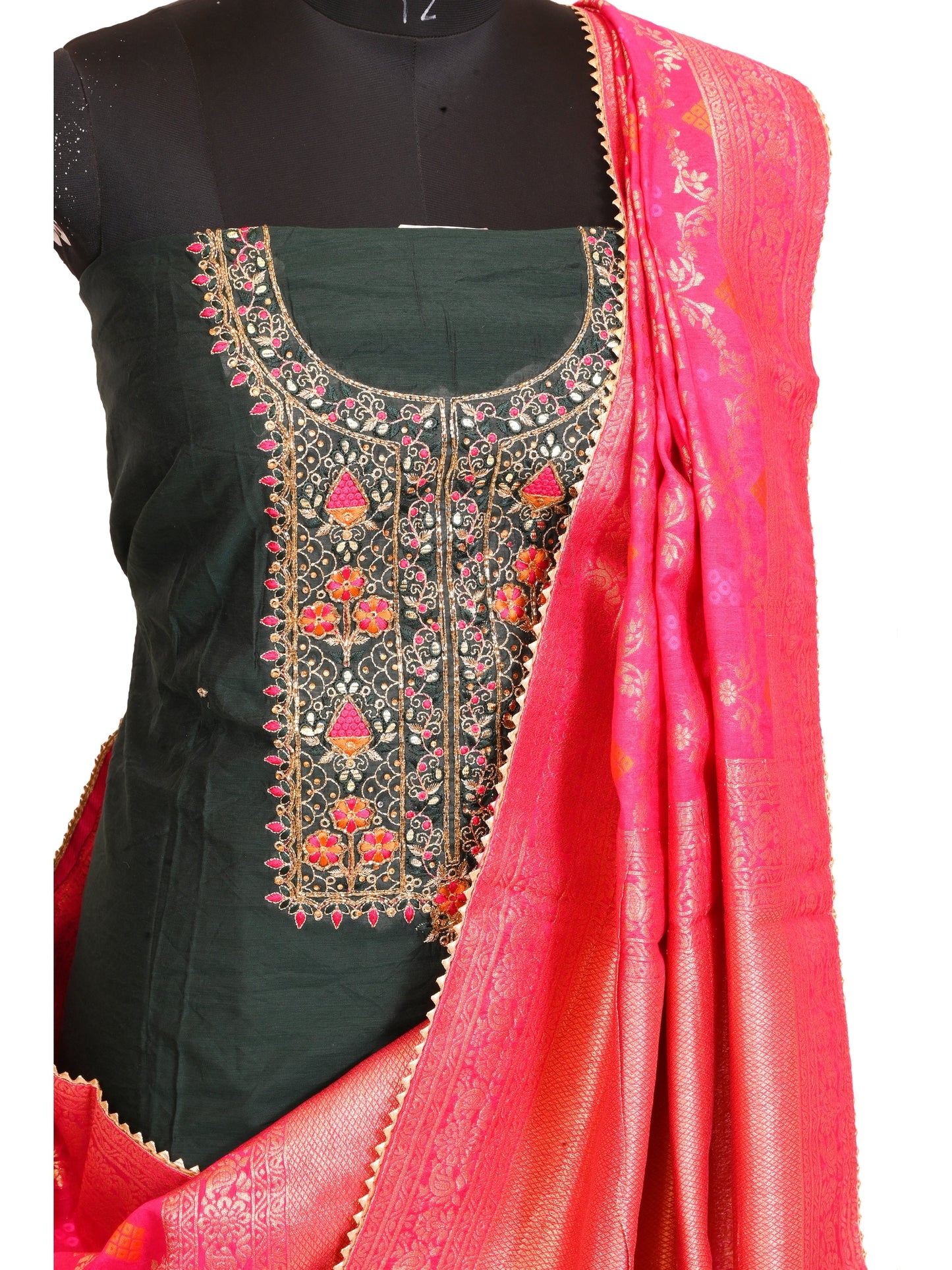 Premium Dark Green Glace Cotton Salwar Fabric with Cut Dana Work