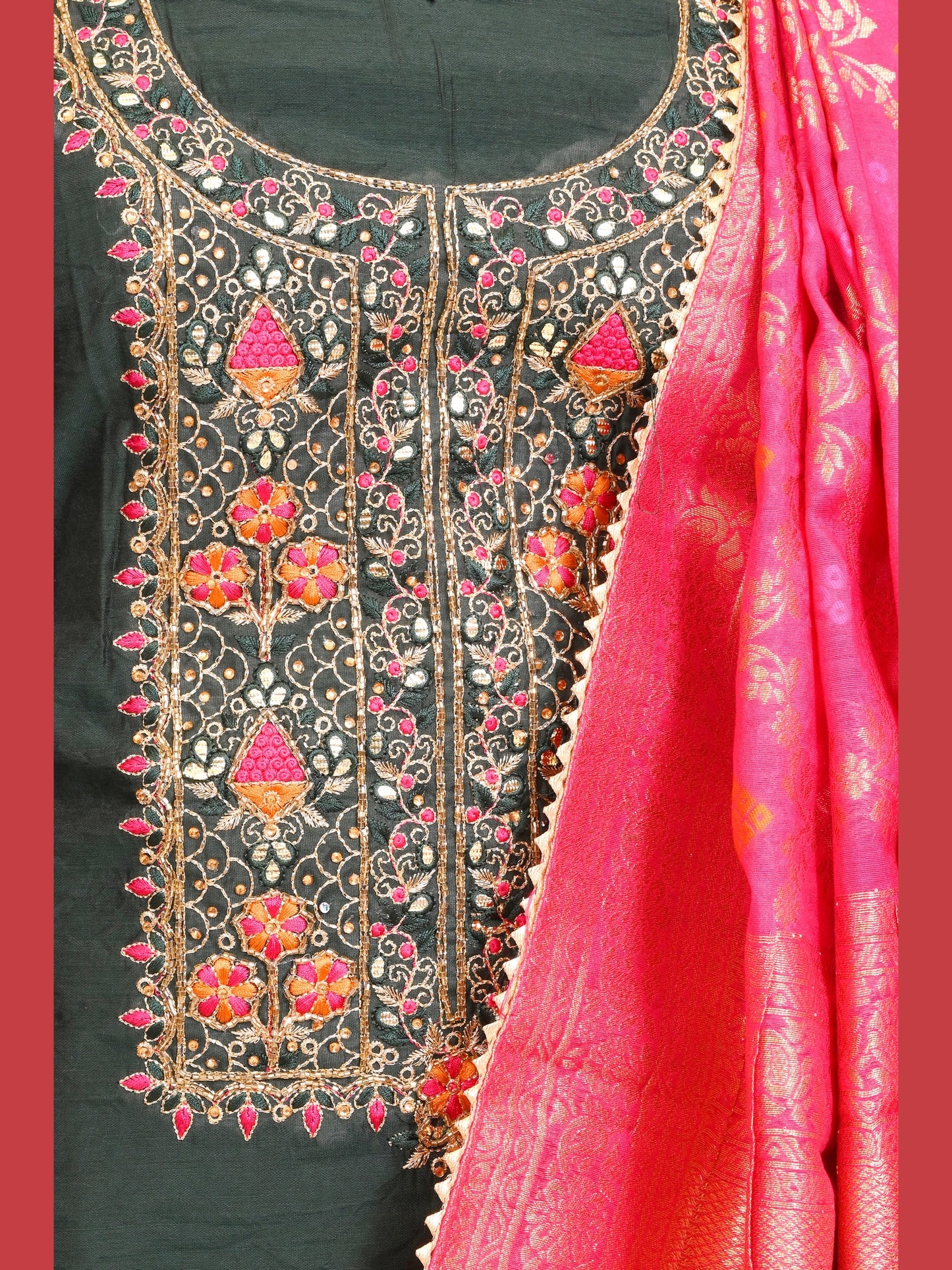 Premium Dark Green Glace Cotton Salwar Fabric with Cut Dana Work