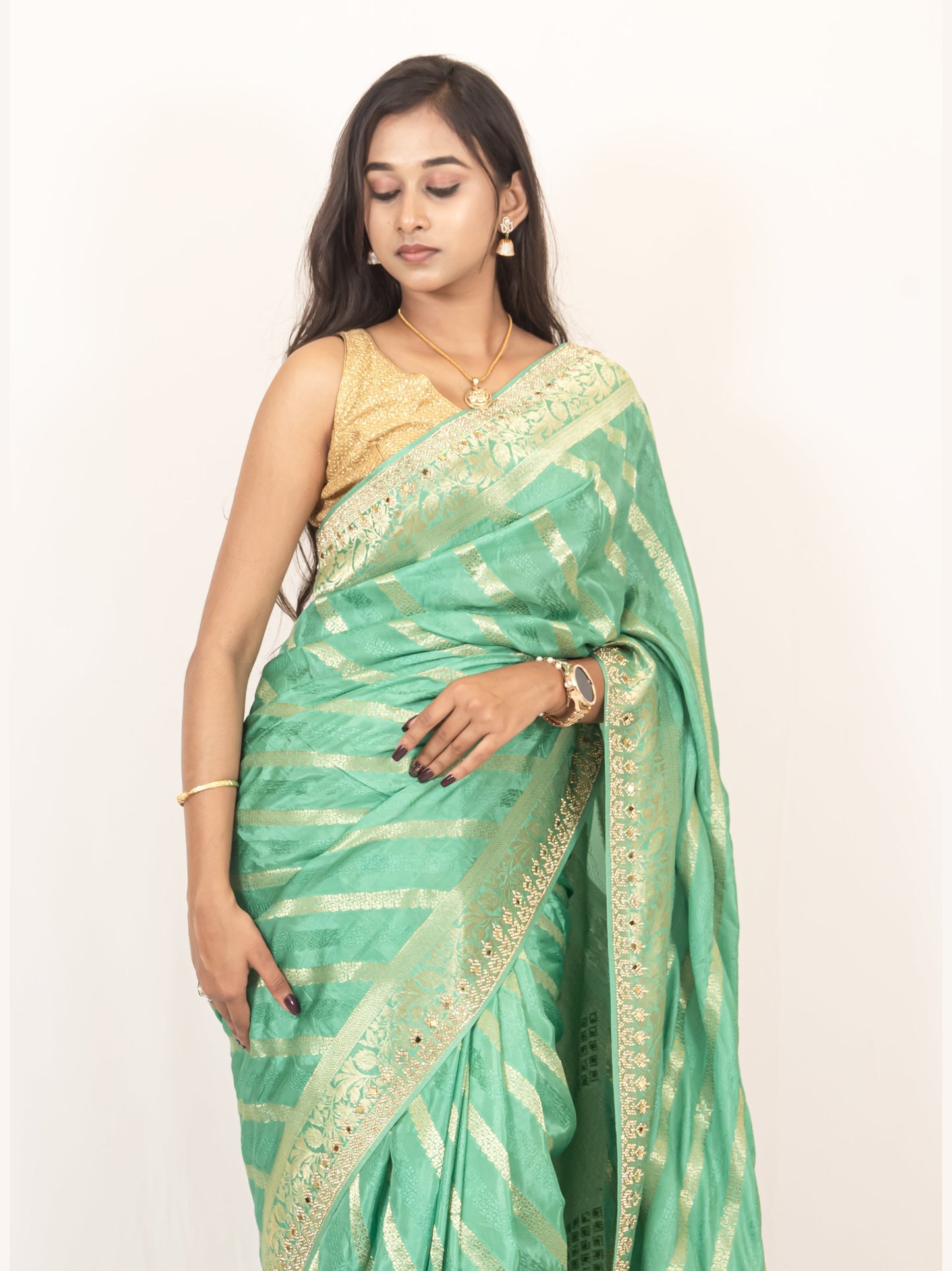 Elegant Pista Green Crape Silk Saree with Swarovski, Zari, and Mirror Work | Matching Blouse Included