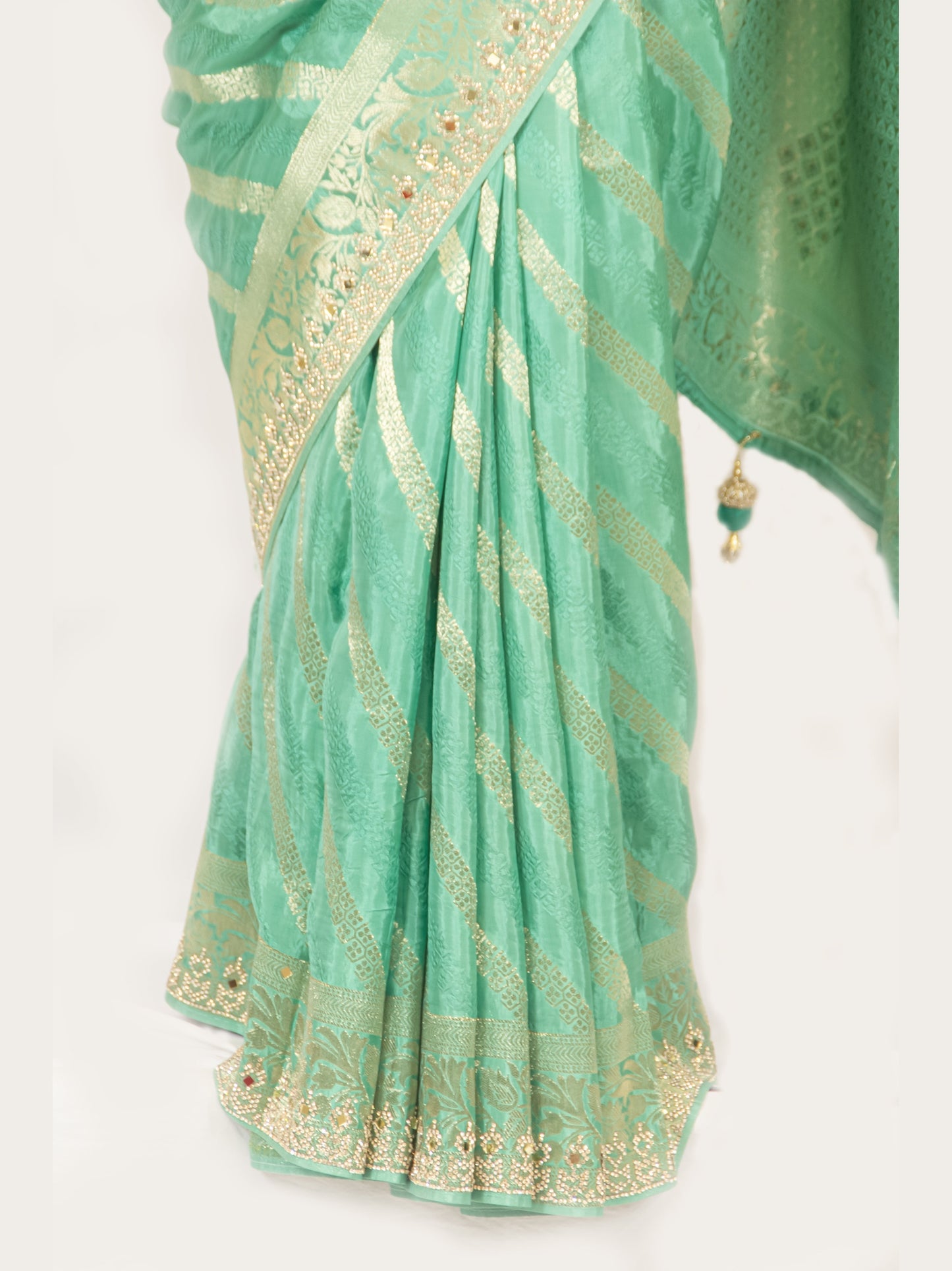 Elegant Pista Green Crape Silk Saree with Swarovski, Zari, and Mirror Work | Matching Blouse Included