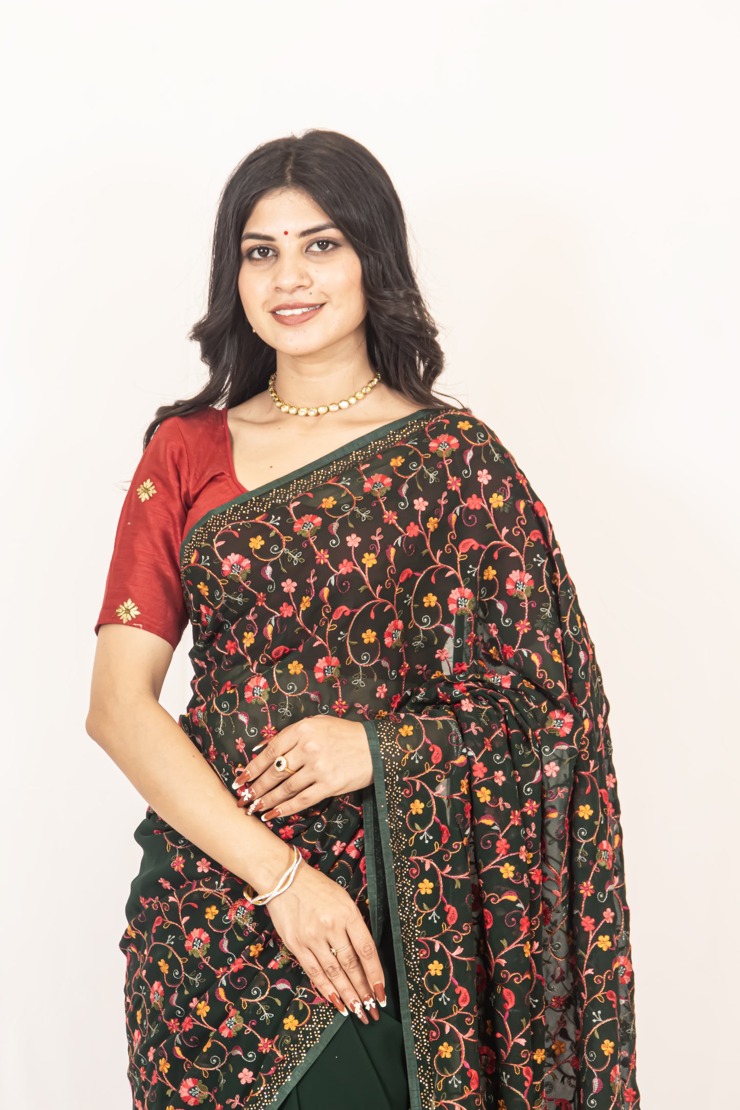 Sophisticated Bottle Green Georgette Saree with Resham & Swarovski