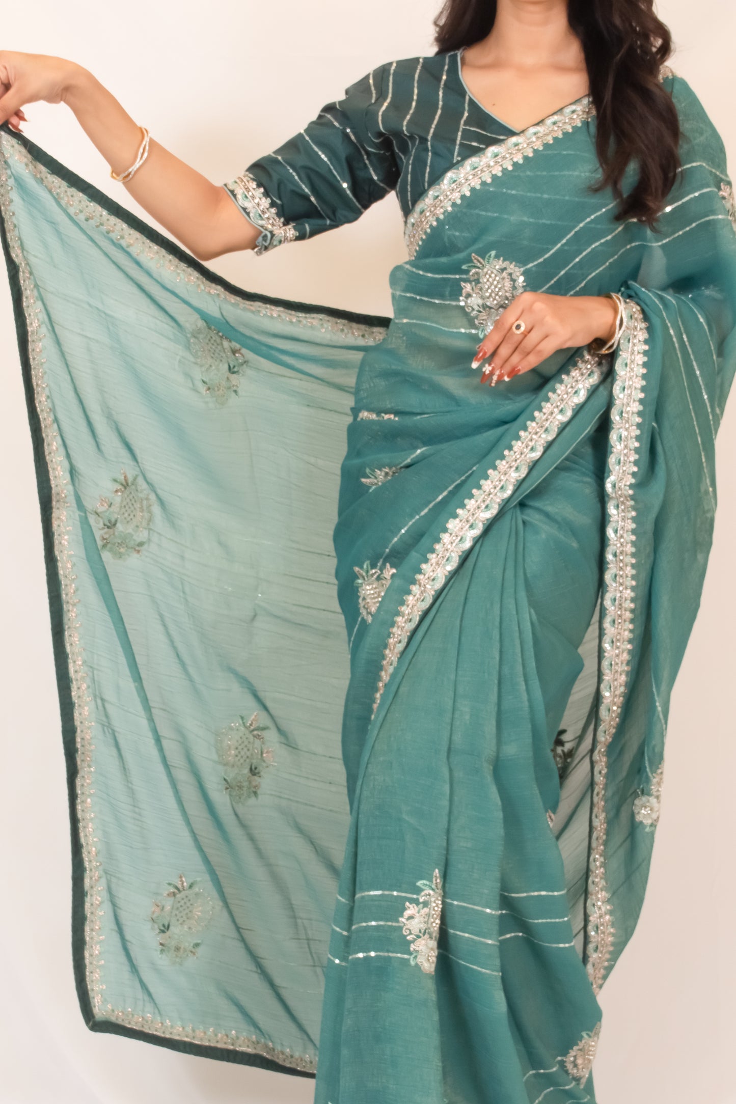 Rama Green Organza Saree with Zari & Stone Detailing, Comes with Ready-Made Blouse