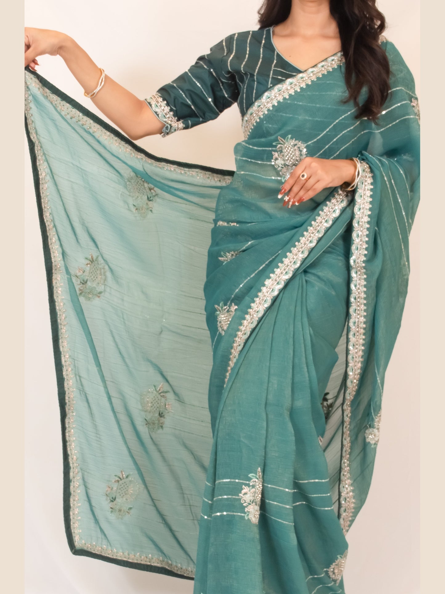Rama Green Organza Saree with Zari & Stone Detailing, Comes with Ready-Made Blouse