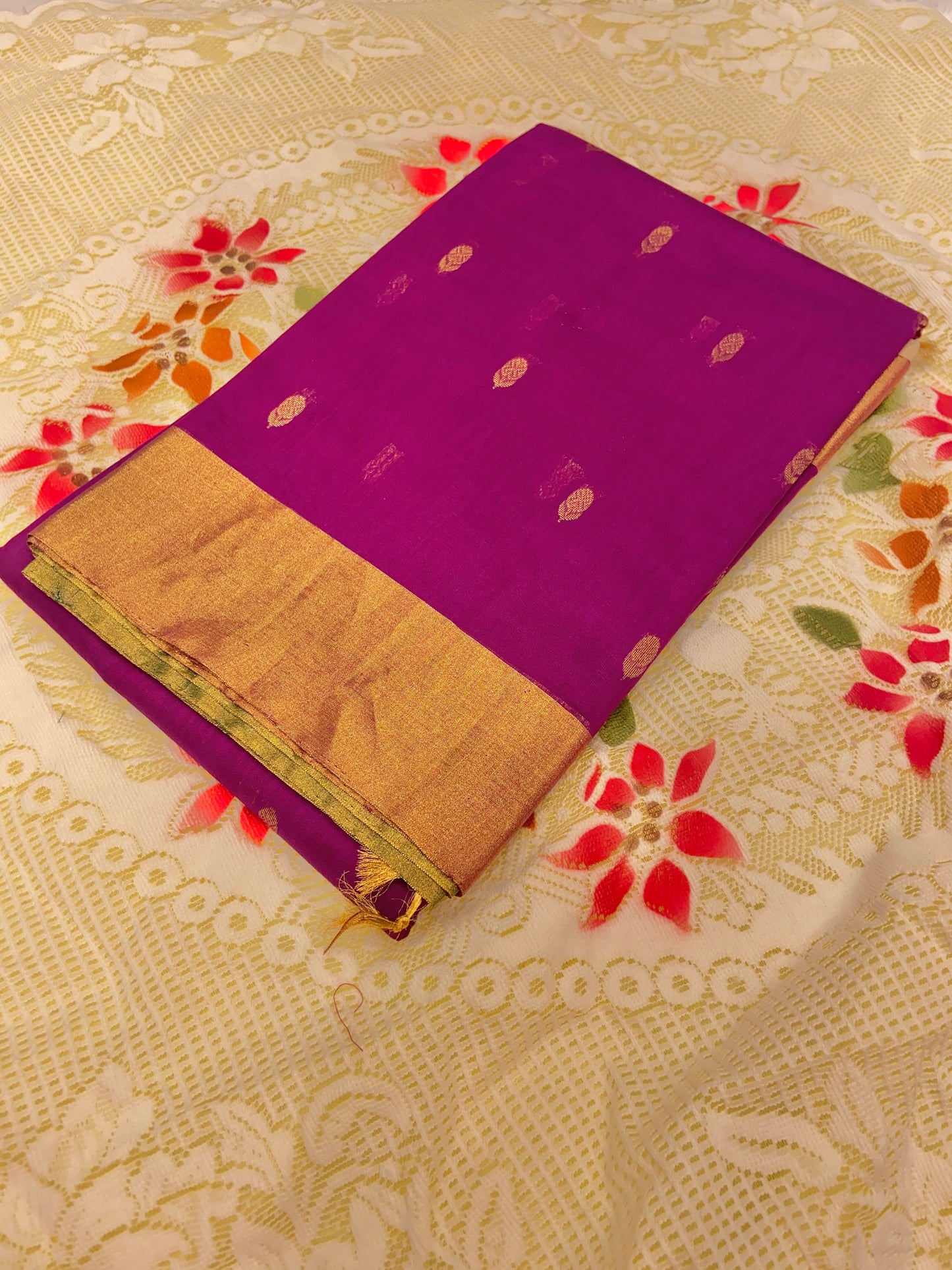 Purple Pure Cotton Chanderi Saree with Green Blouse – Handwoven Elegance