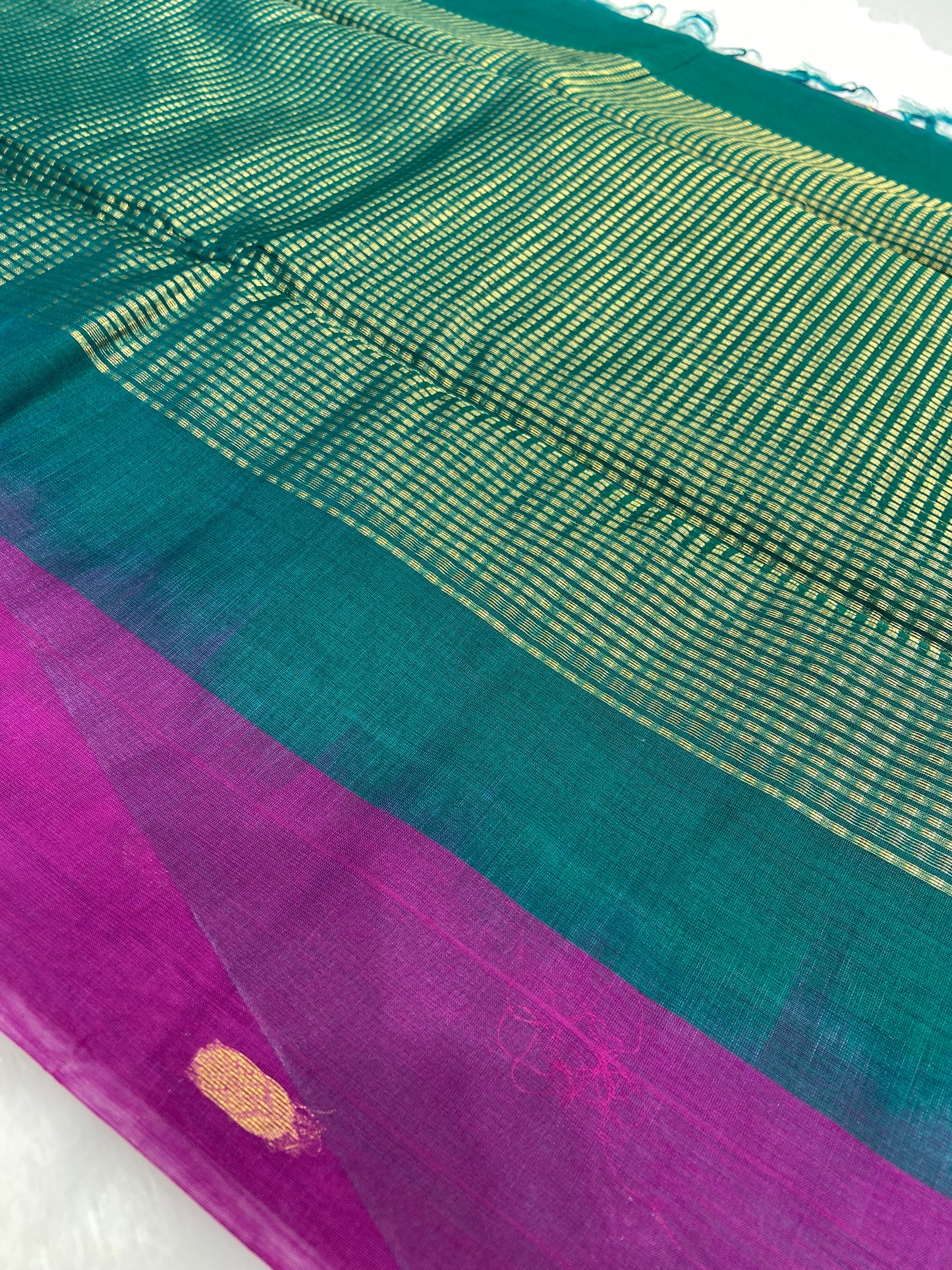 Purple Pure Cotton Chanderi Saree with Green Blouse – Handwoven Elegance
