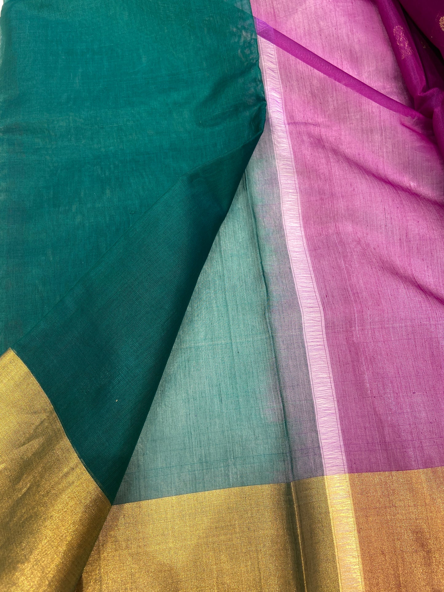 Purple Pure Cotton Chanderi Saree with Green Blouse – Handwoven Elegance