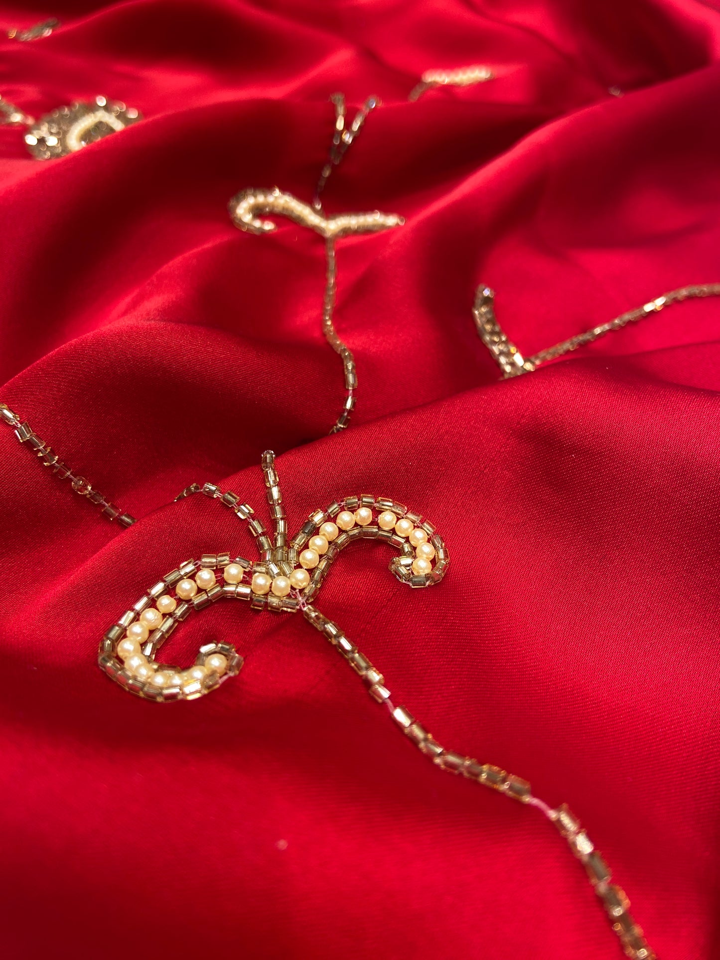 Blood Red Satin Crepe Saree with Piping Stone Work | Bridal & Party Wear Saree