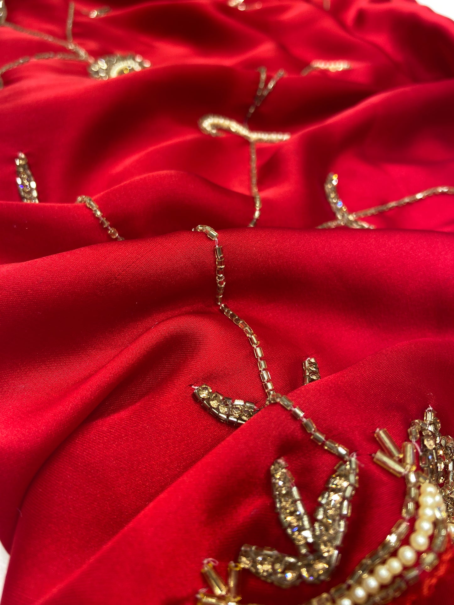 Blood Red Satin Crepe Saree with Piping Stone Work | Bridal & Party Wear Saree