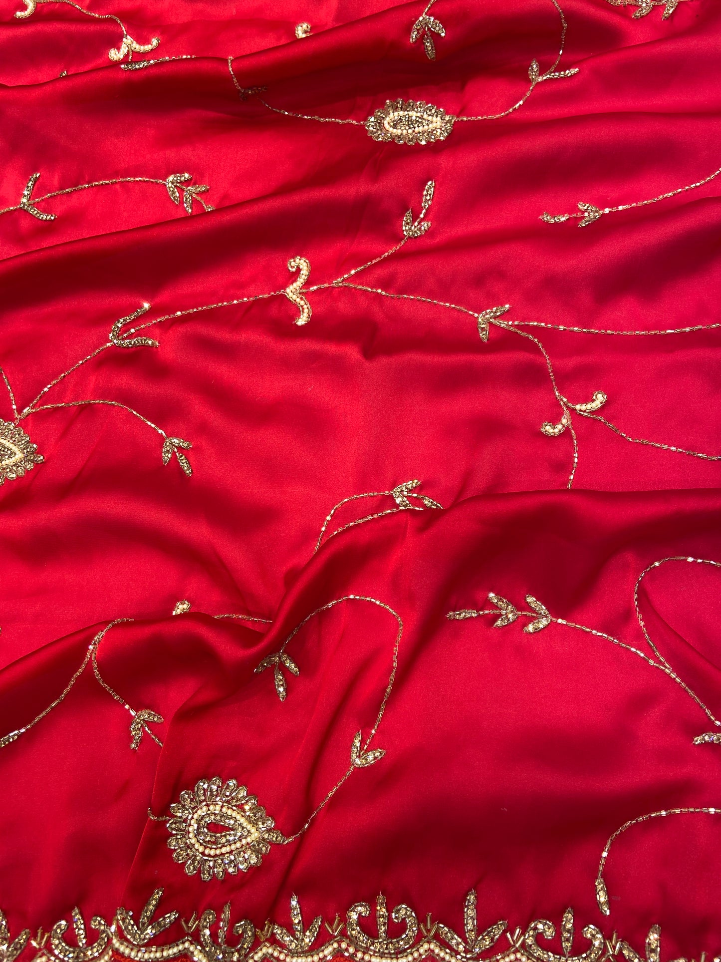 Blood Red Satin Crepe Saree with Piping Stone Work | Bridal & Party Wear Saree