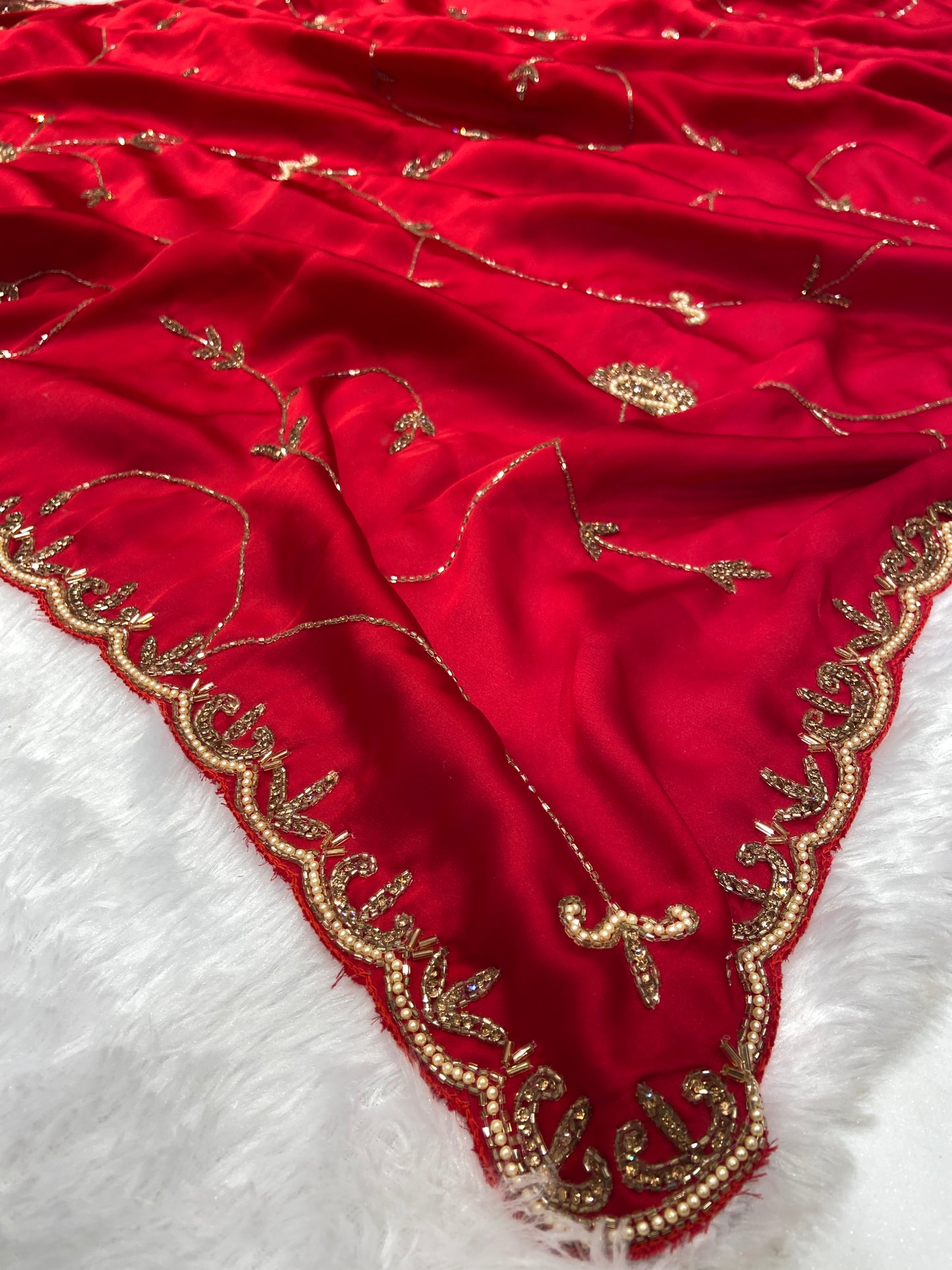 Blood Red Satin Crepe Saree with Piping Stone Work | Bridal & Party Wear Saree