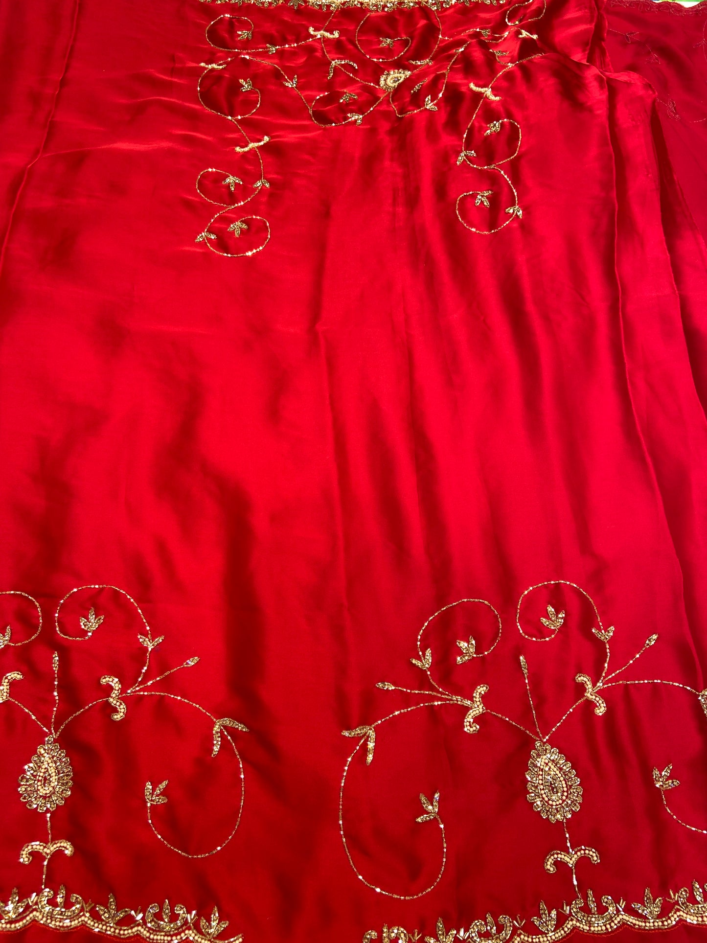 Blood Red Satin Crepe Saree with Piping Stone Work | Bridal & Party Wear Saree