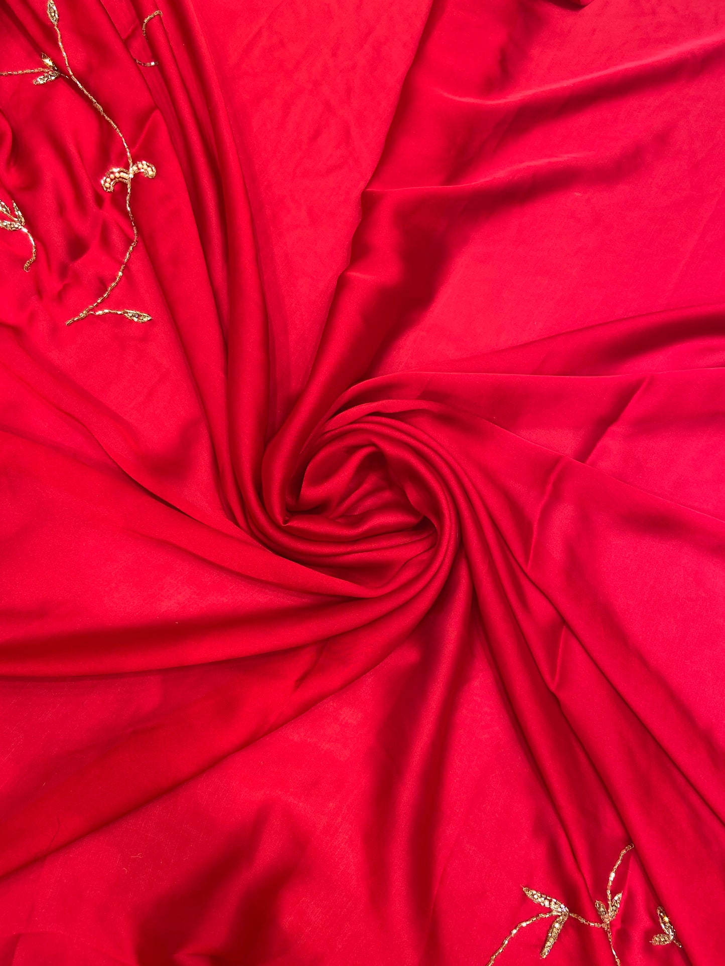 Blood Red Satin Crepe Saree with Piping Stone Work | Bridal & Party Wear Saree