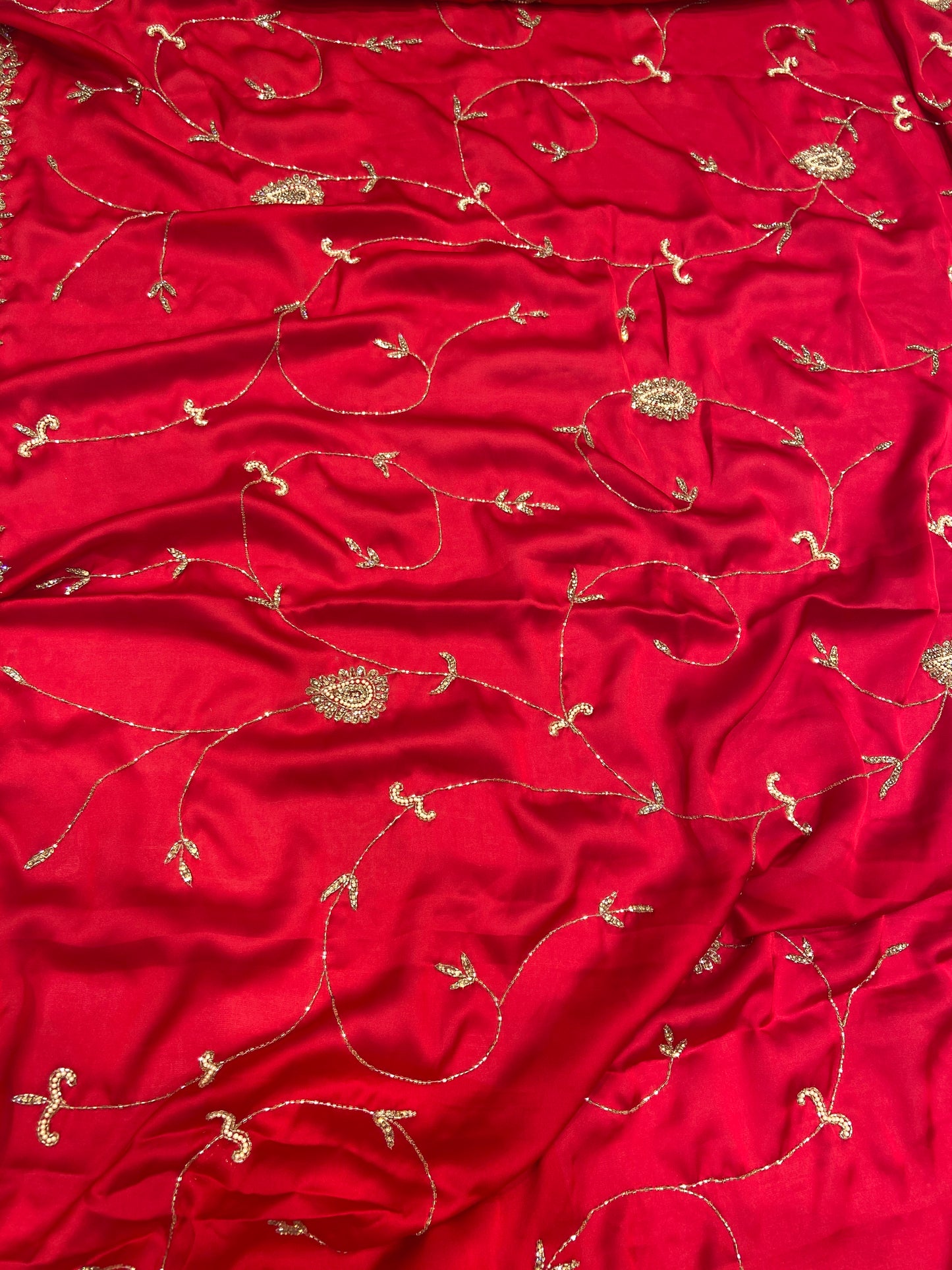 Blood Red Satin Crepe Saree with Piping Stone Work | Bridal & Party Wear Saree