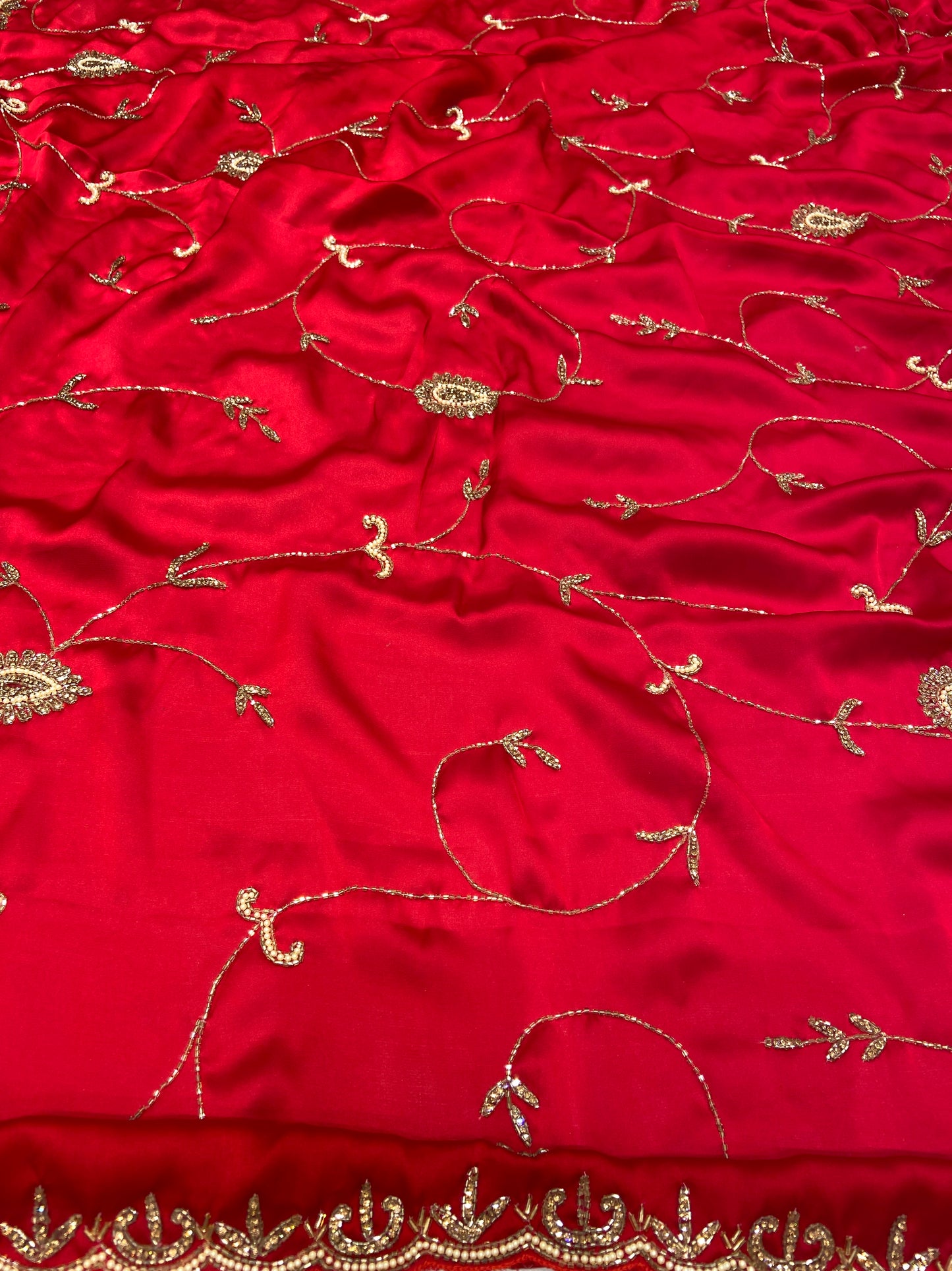 Blood Red Satin Crepe Saree with Piping Stone Work | Bridal & Party Wear Saree