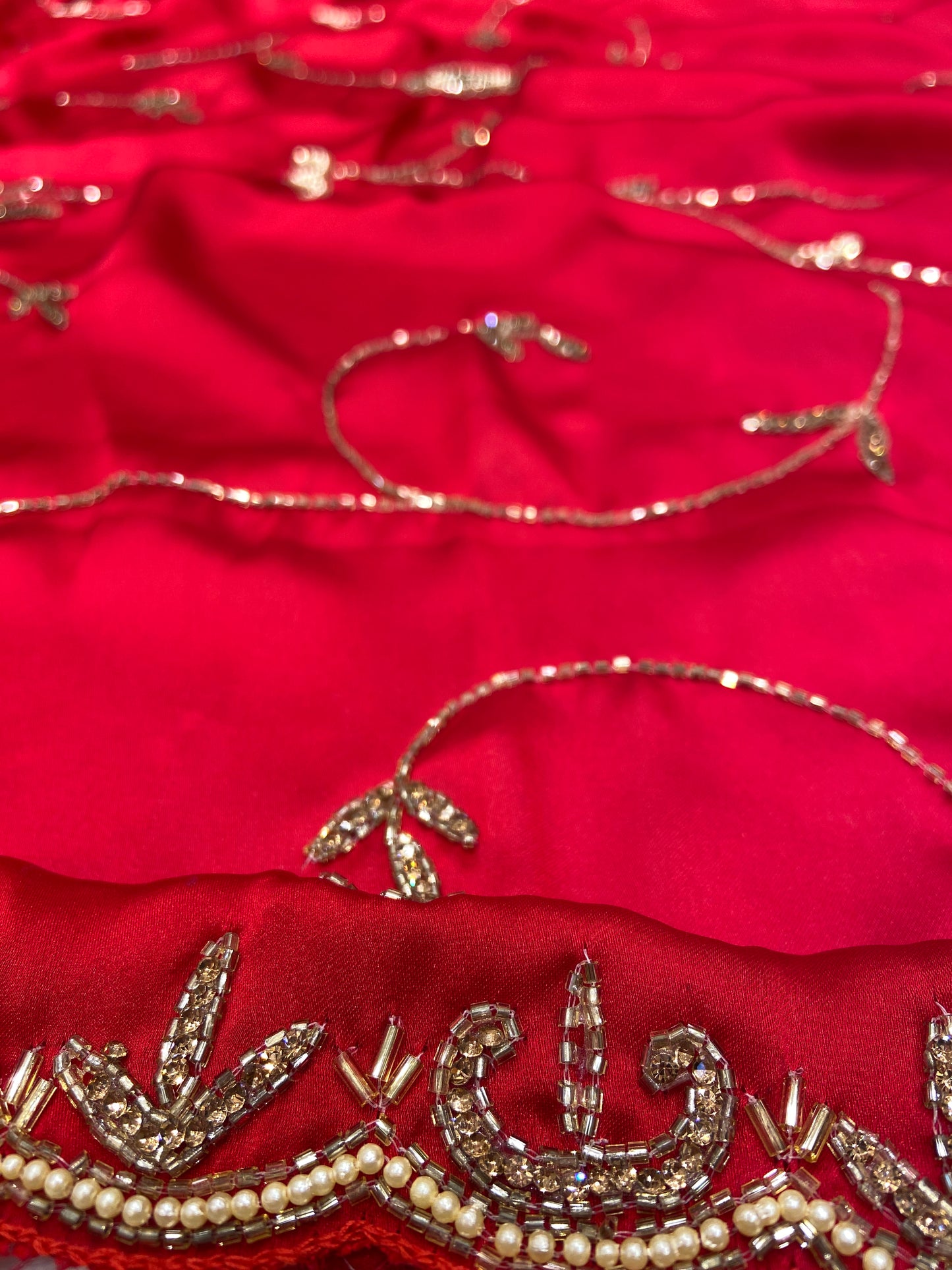 Blood Red Satin Crepe Saree with Piping Stone Work | Bridal & Party Wear Saree