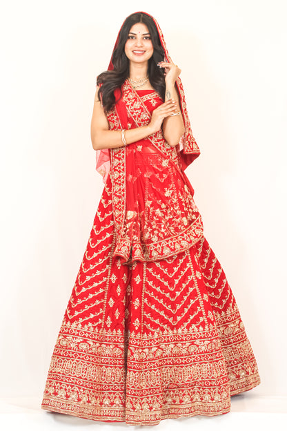 Luxury Red Bridal Lehenga with Golden Zari Embroidery