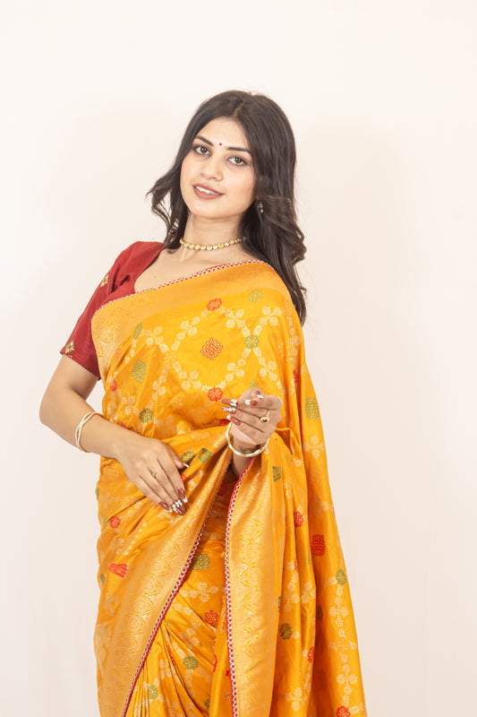 Traditional Dola Silk Mustard Yellow Ghatchola Saree with Rich Detailing