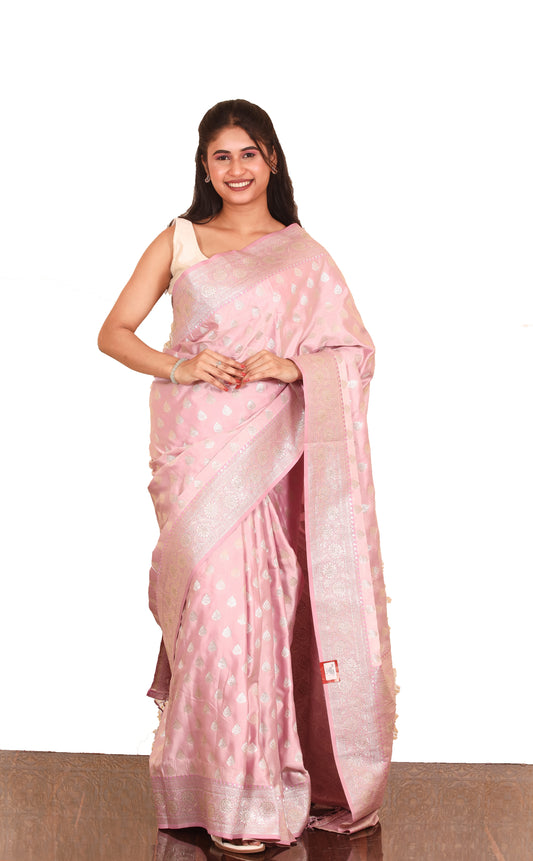 Baby Pink Golden Zariwork Silk Saree