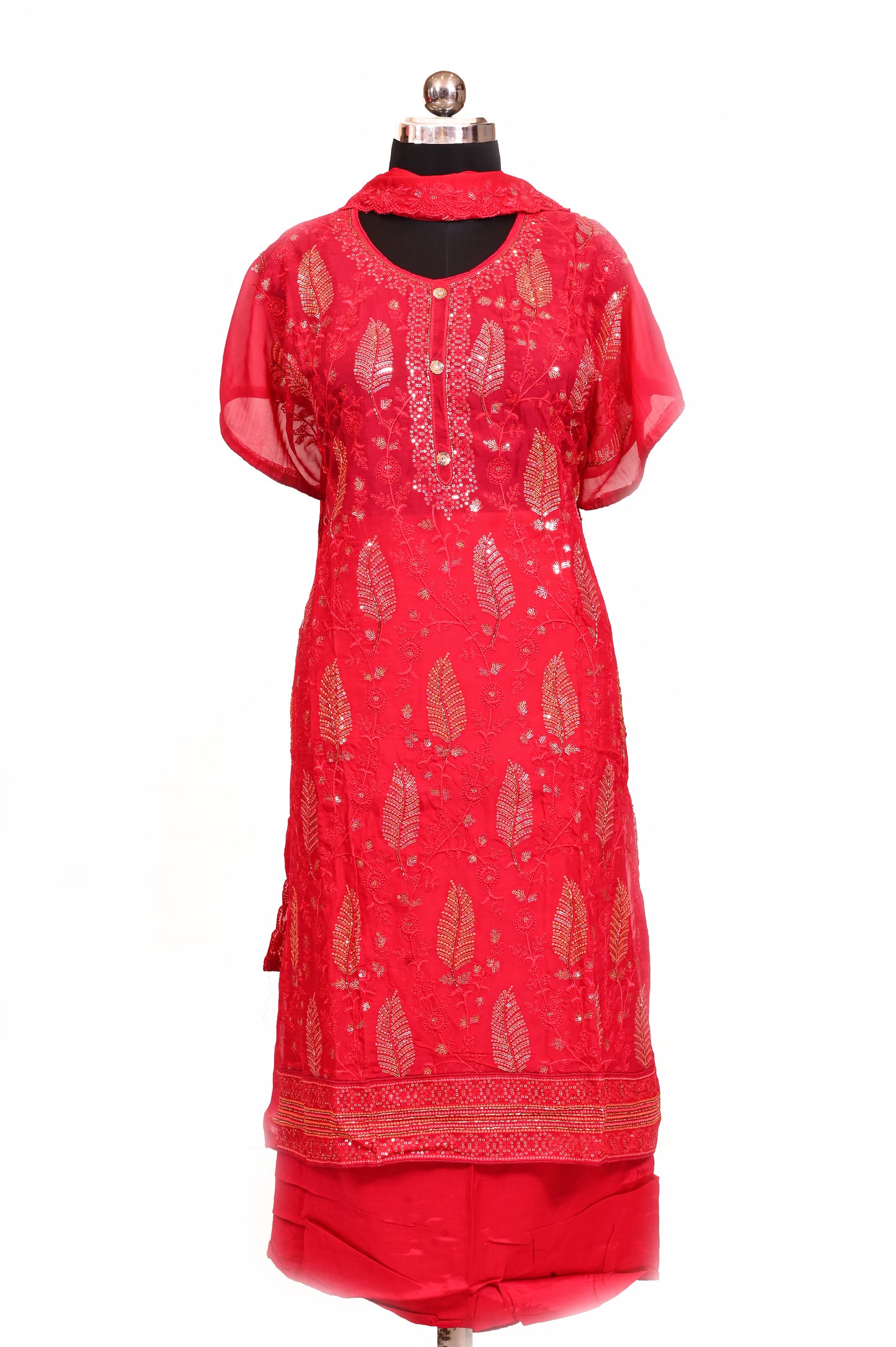 Vibrant Red Crepe Semi-Stitched Salwar Suit Piece with Sequence Embellishments