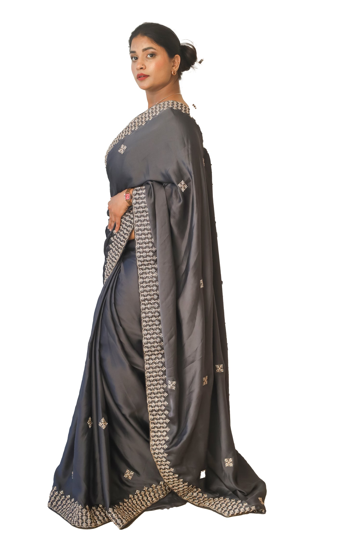 Grey Satin Crape Saree