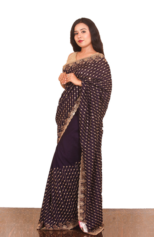 Dark Purple Golden Swarovski work Raw Silk Saree