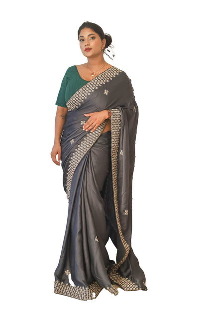 Grey Satin Crape Saree