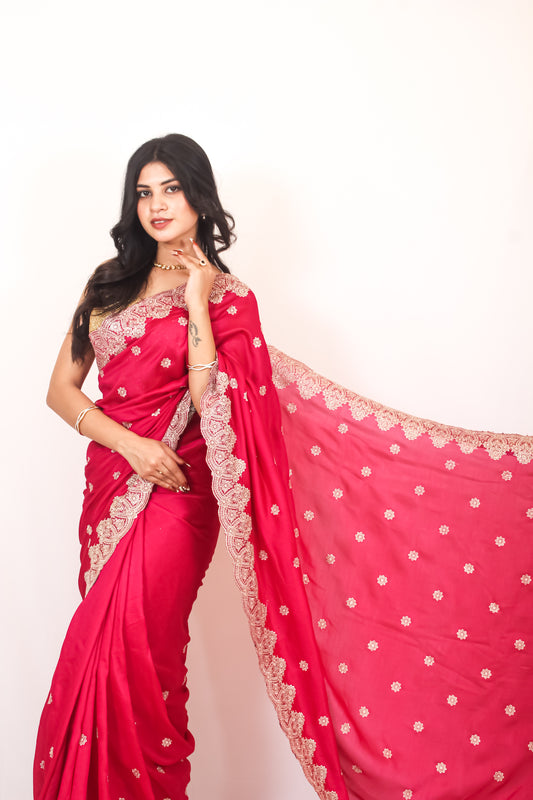 Elegant Rani Pink Vichitra Silk Saree with Golden Zari and Bota Detailing