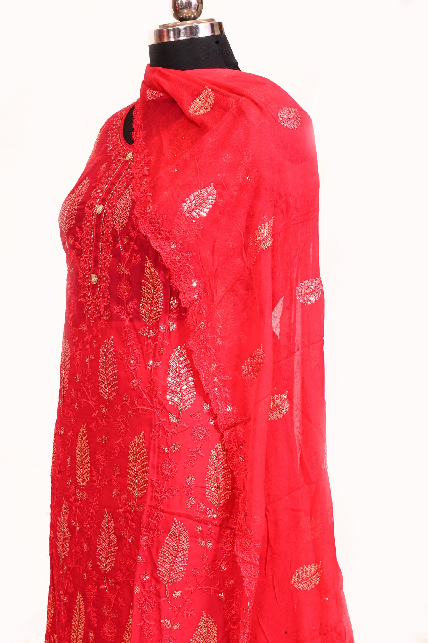 Vibrant Red Crepe Semi-Stitched Salwar Suit Piece with Sequence Embellishments