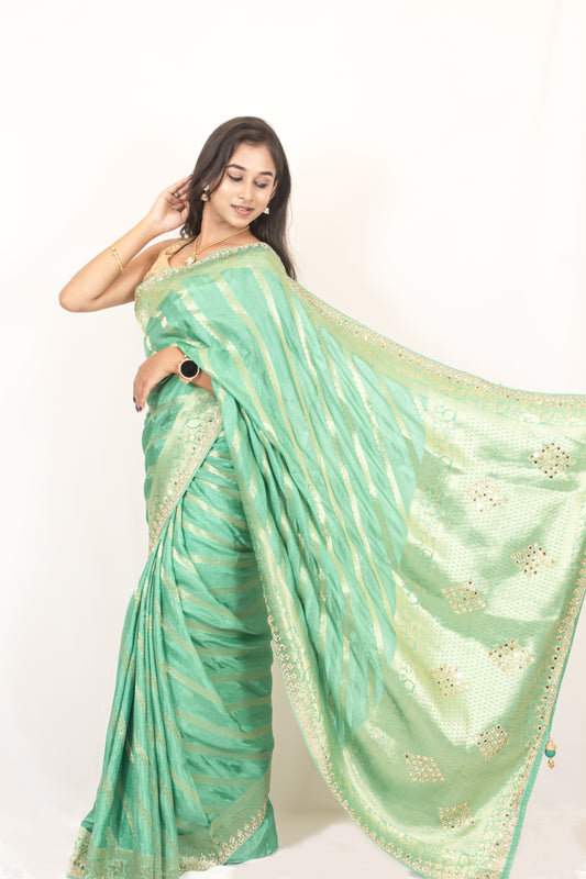 Elegant Pista Green Crape Silk Saree with Swarovski, Zari, and Mirror Work | Matching Blouse Included