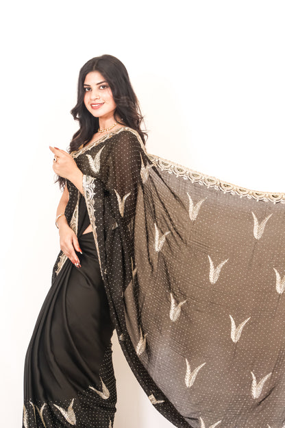 Black Crape Chiffon Saree with Zari Border & Stone Work – Stylish & Elegant