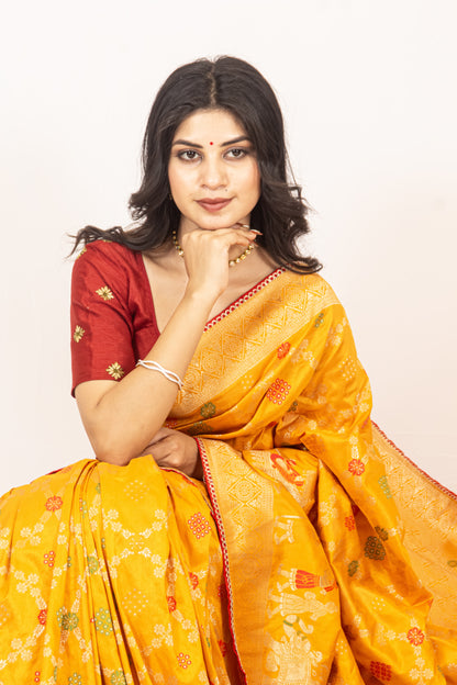 Traditional Dola Silk Mustard Yellow Ghatchola Saree with Rich Detailing