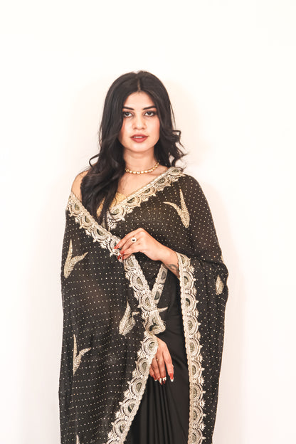 Black Crape Chiffon Saree with Zari Border & Stone Work – Stylish & Elegant