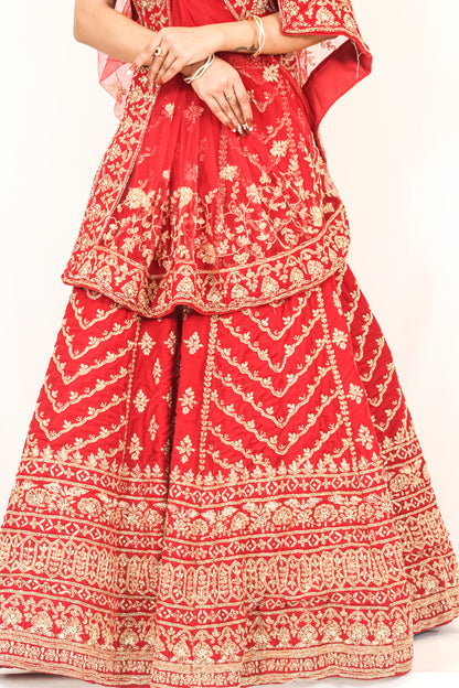 Luxury Red Bridal Lehenga with Golden Zari Embroidery