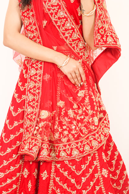 Luxury Red Bridal Lehenga with Golden Zari Embroidery