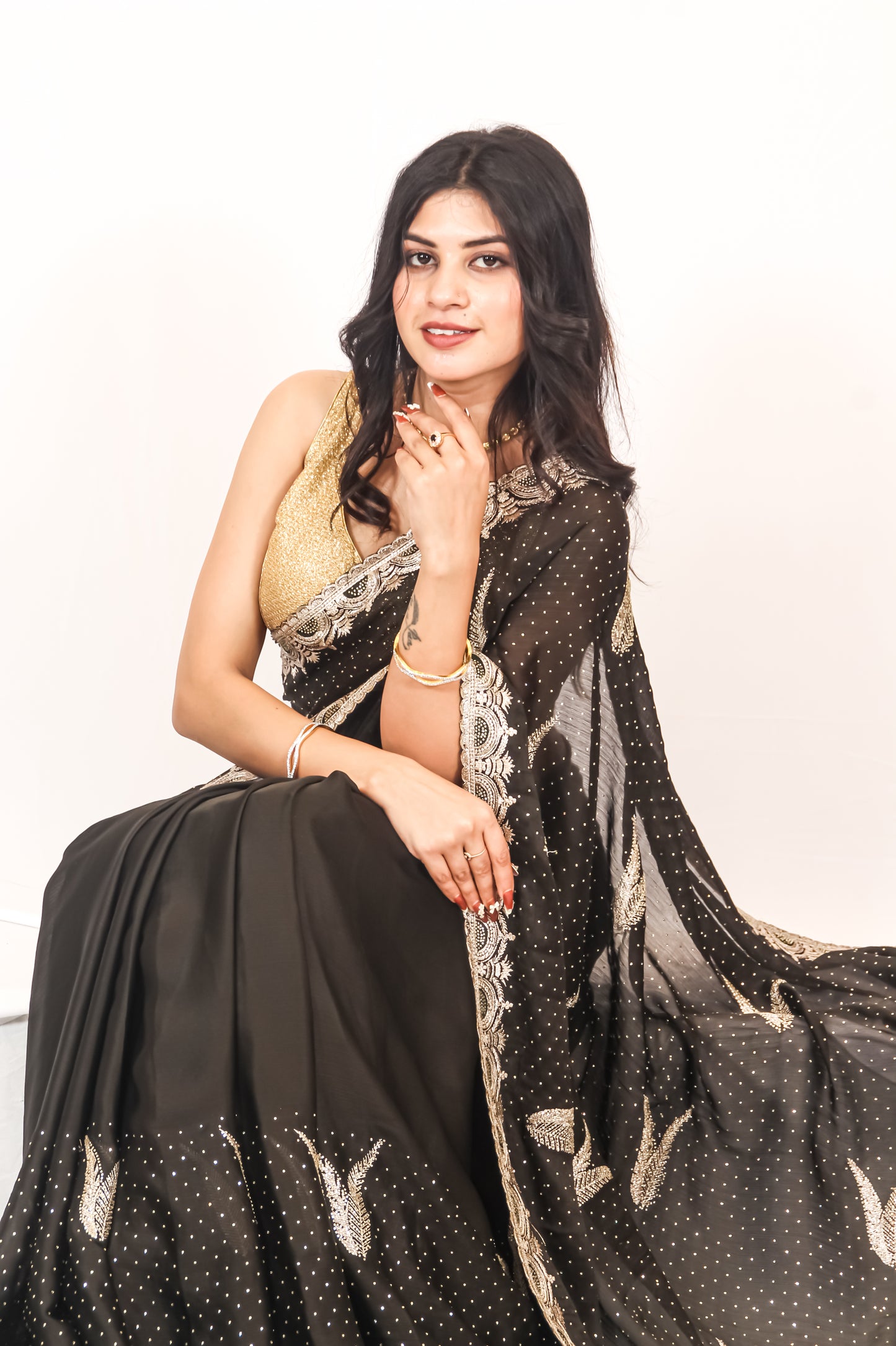 Black Crape Chiffon Saree with Zari Border & Stone Work – Stylish & Elegant