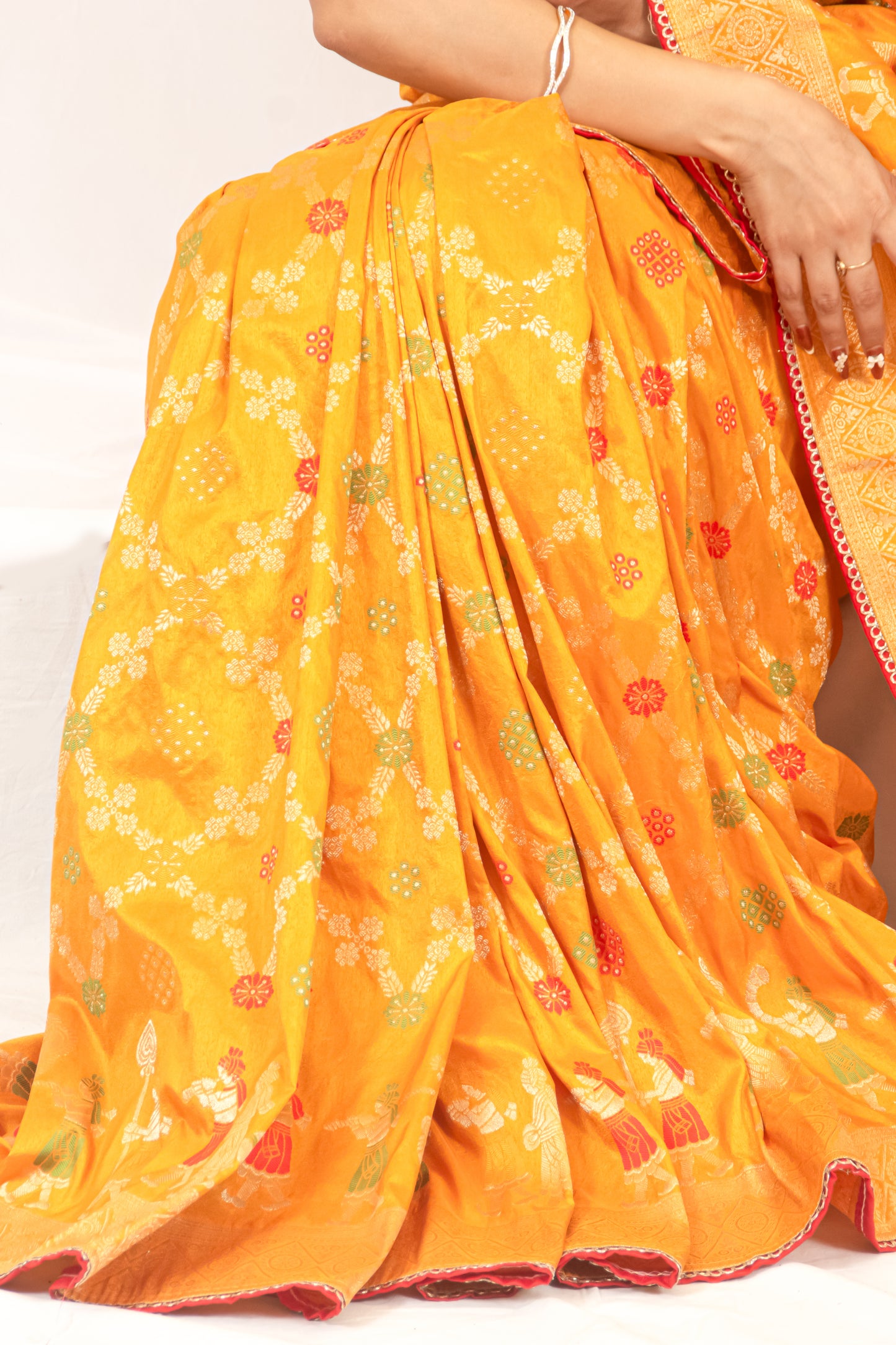 Traditional Dola Silk Mustard Yellow Ghatchola Saree with Rich Detailing