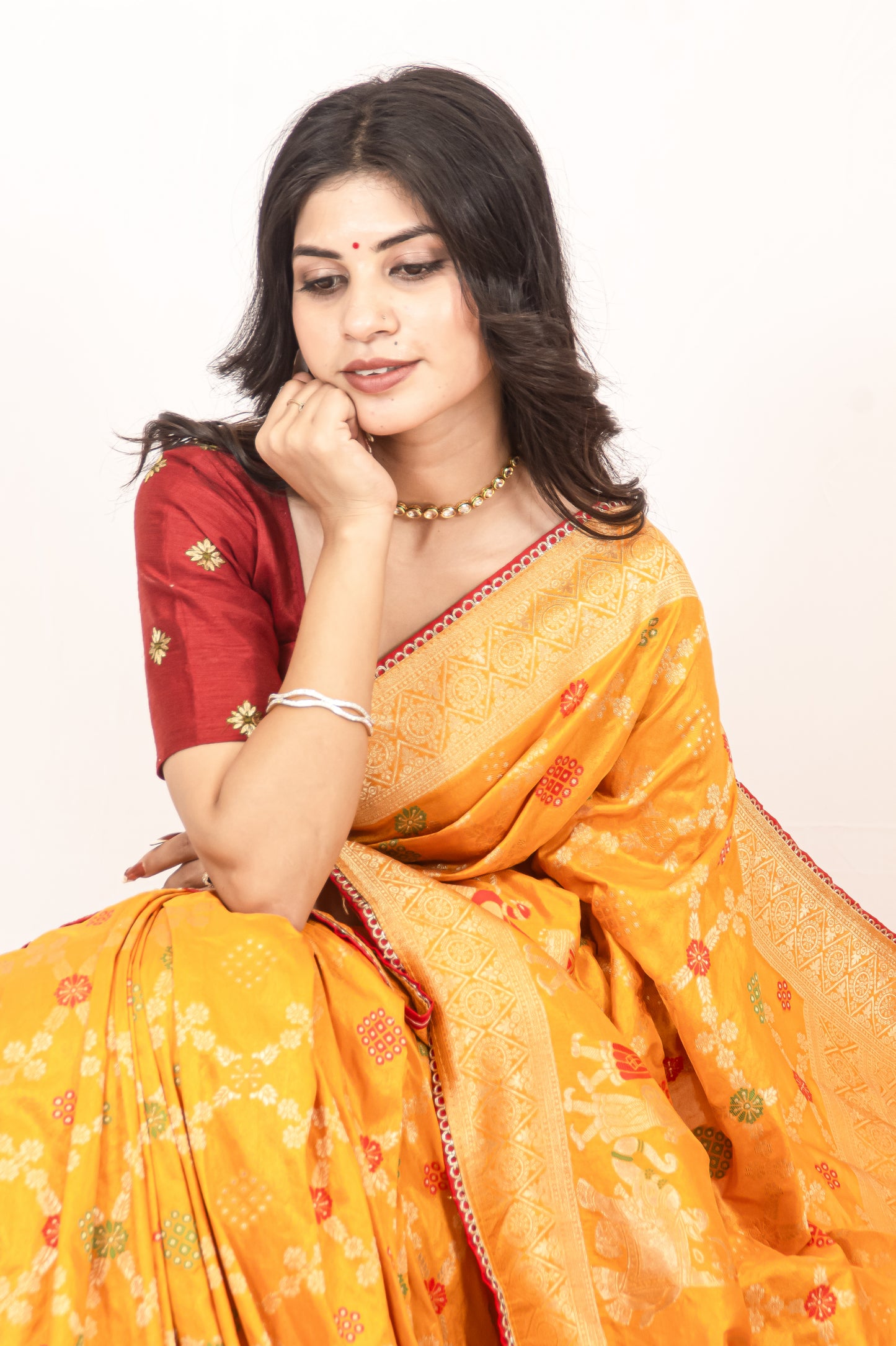 Traditional Dola Silk Mustard Yellow Ghatchola Saree with Rich Detailing