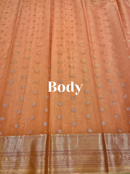 Peach Handloom Chanderi Cotton Saree with Silver Zari Work – Pure Cotton, Festive & Elegant